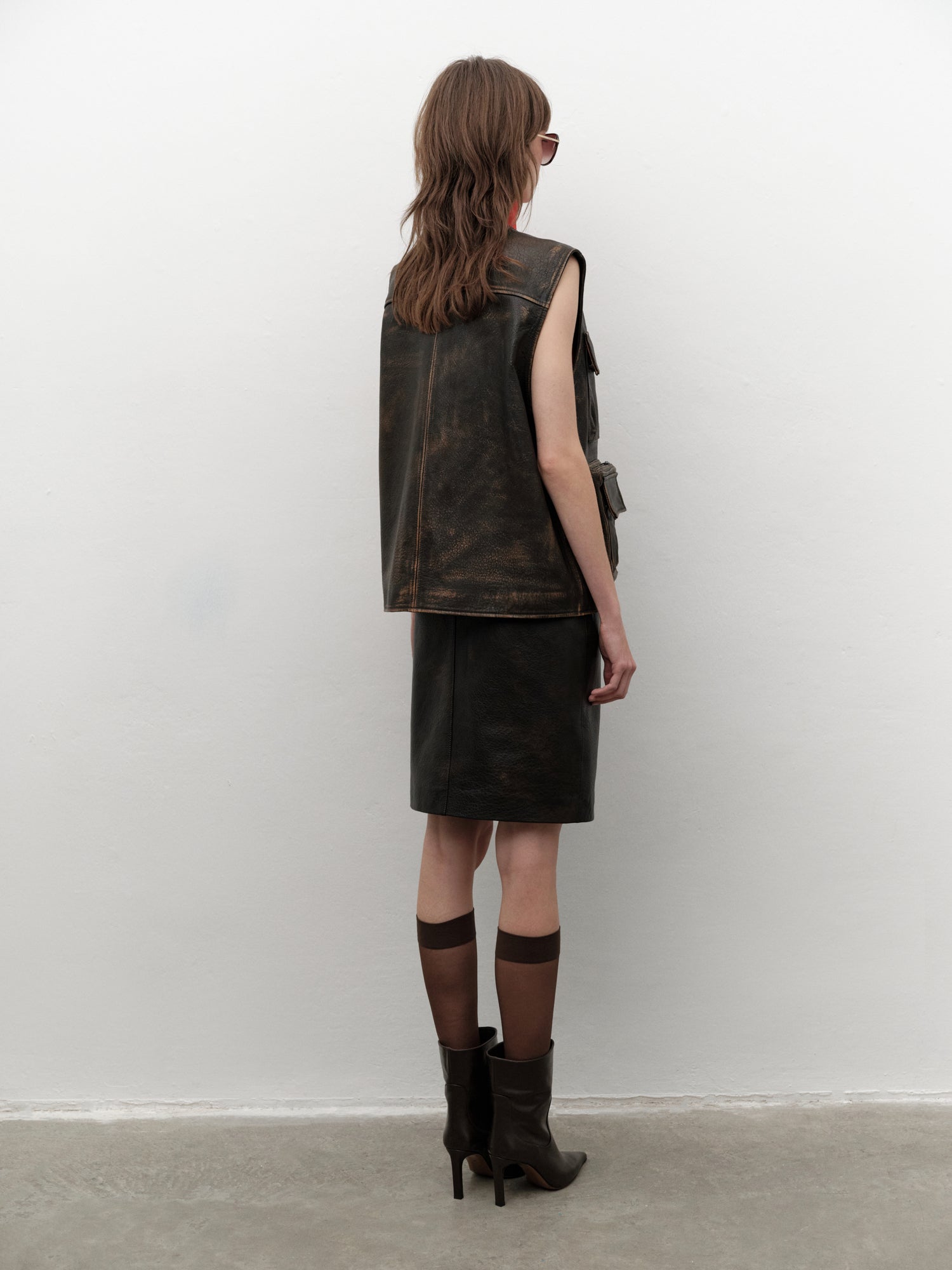 Aged Brown Lambskin Midi Skirt