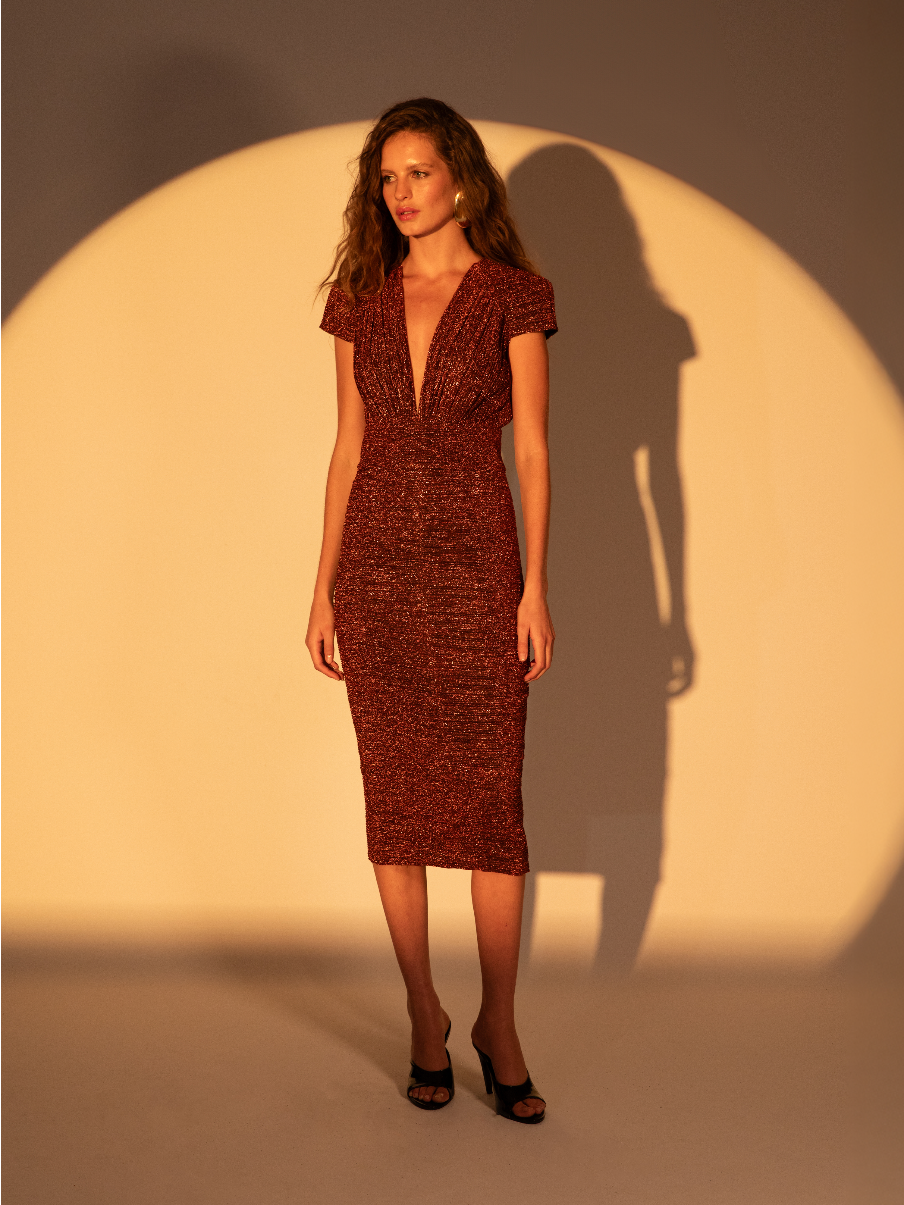 Mettalic Fabric Pleated V-Neck Midi Dress
