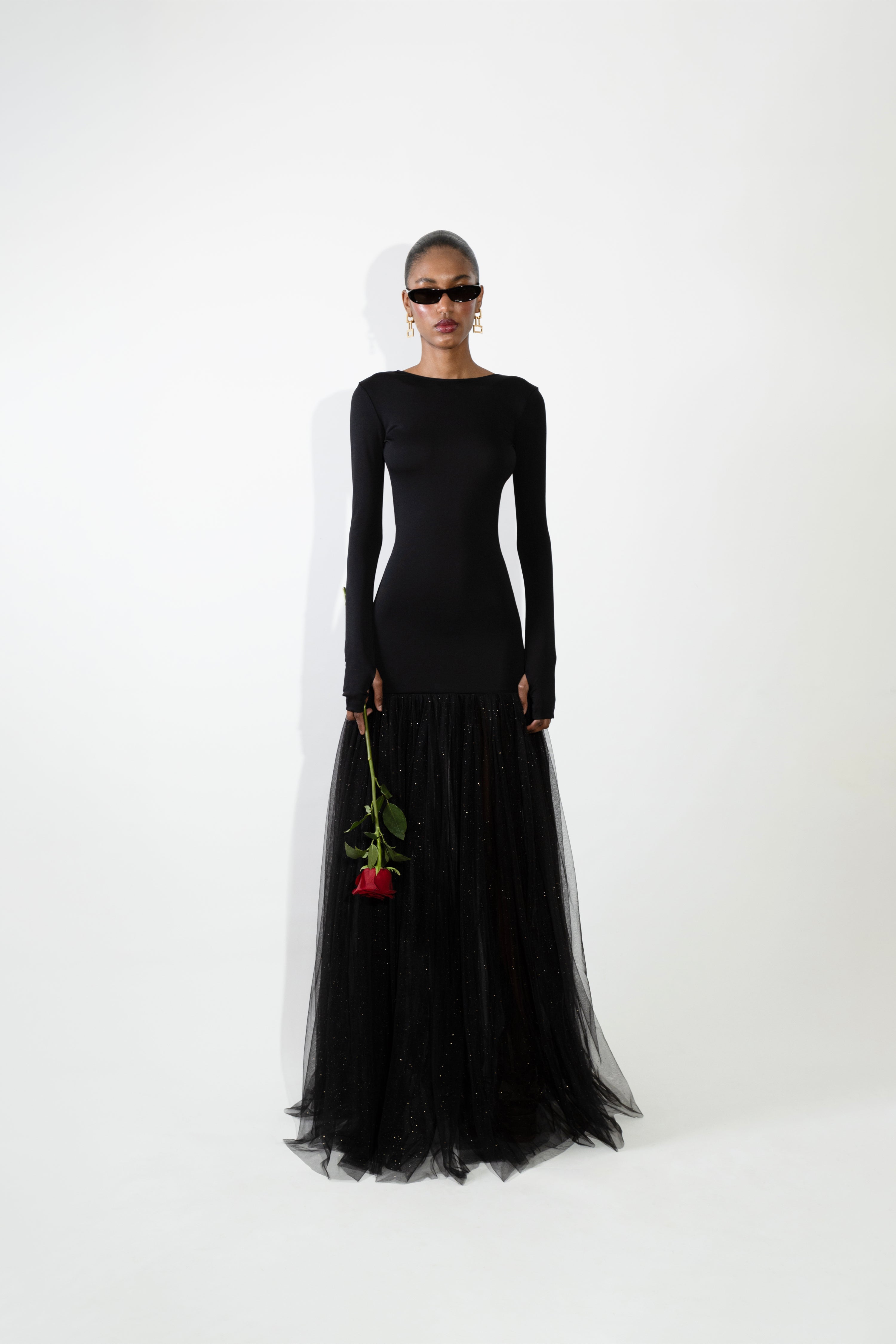 'Abby' Open back jersey and gathered tulle maxi dress