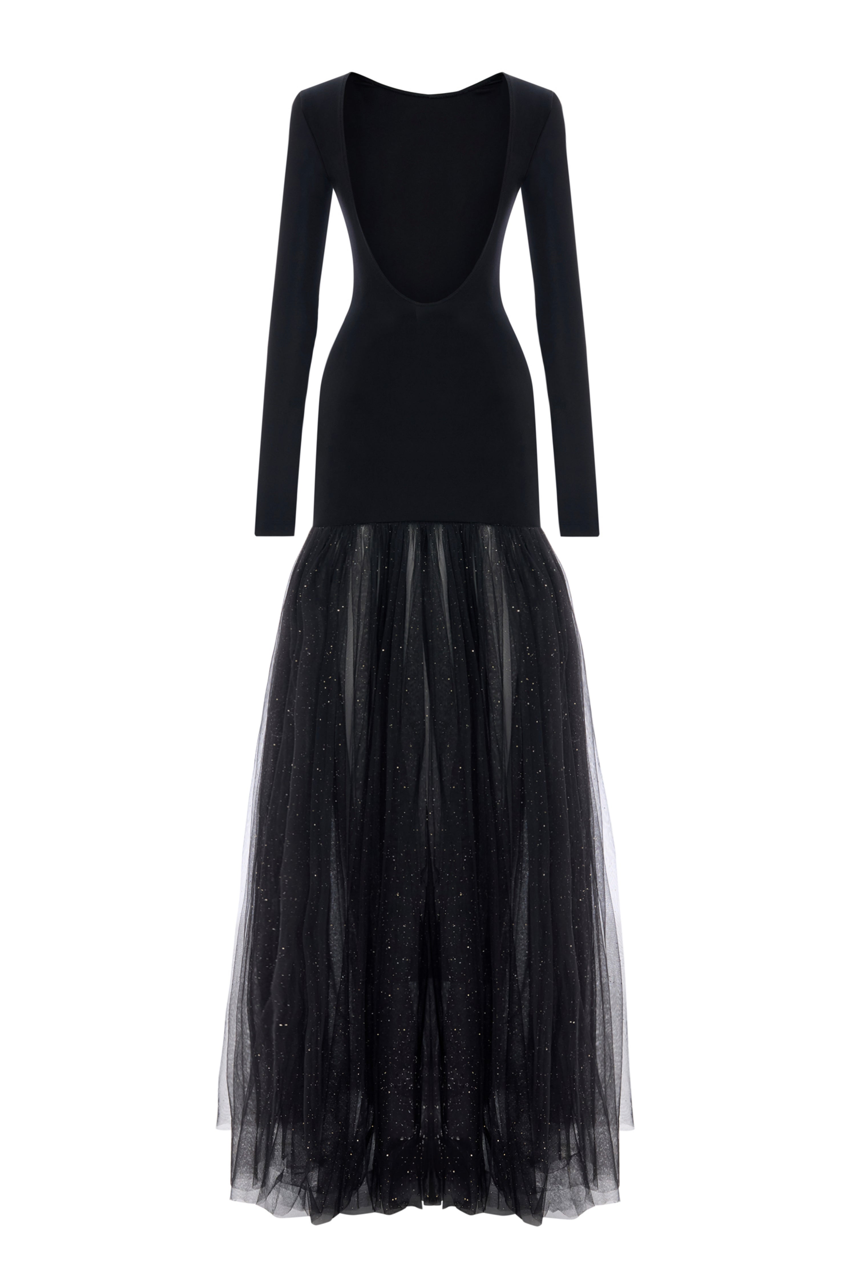 'Abby' Open back jersey and gathered tulle maxi dress