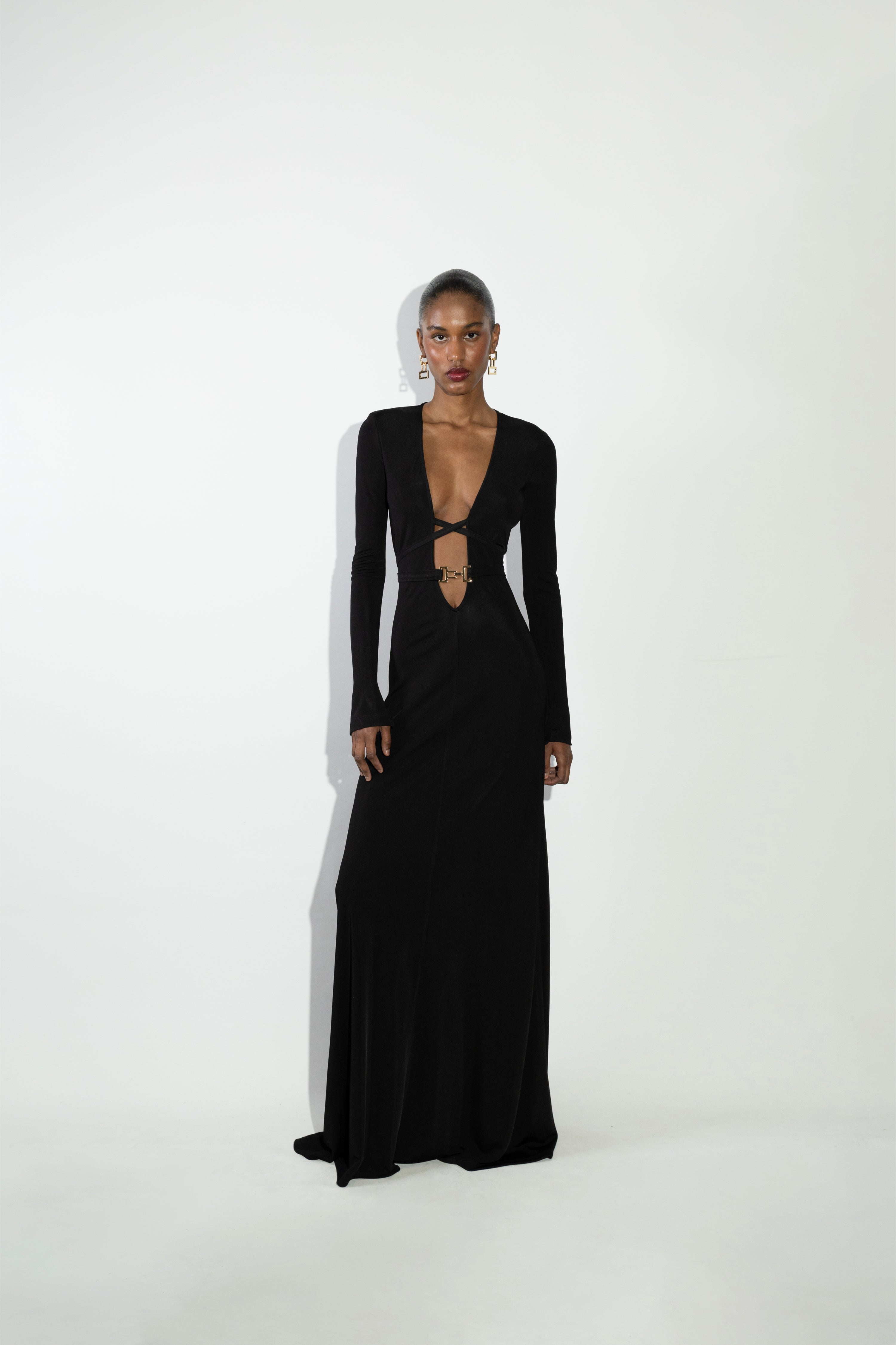 'Aida' Low V-neck buckled detailed jersey dress
