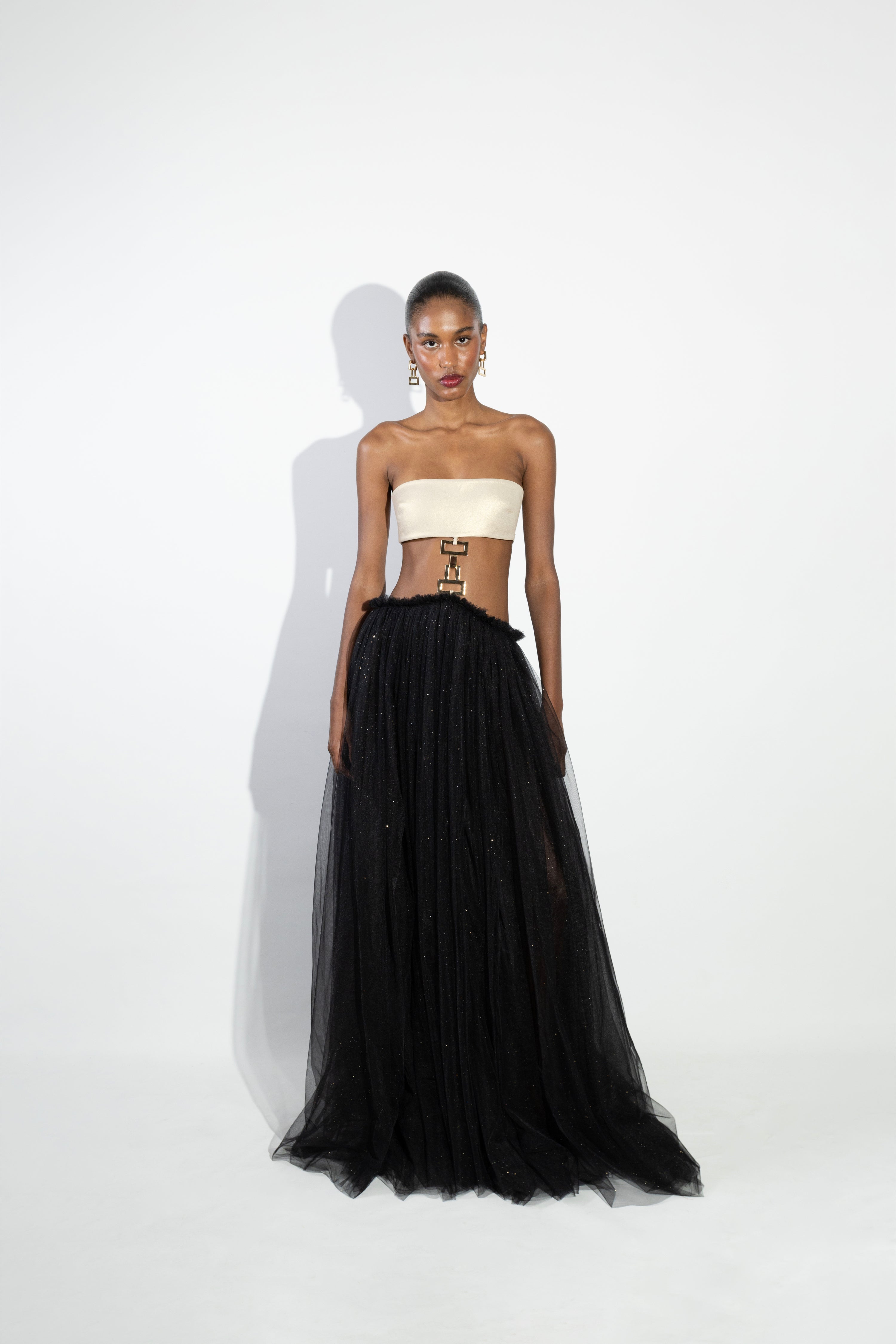 'Ann' Strapless buckled detailed cotton top and tulle maxi dress