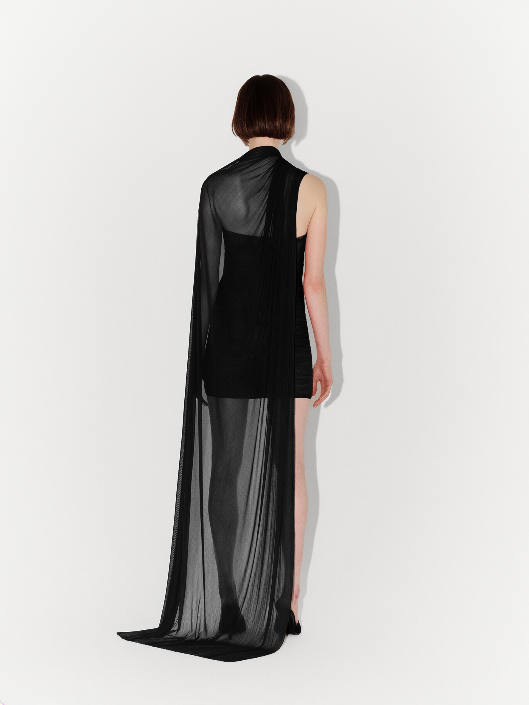 Silk Tulle Draped Fitted Couture Mini Dress in Black