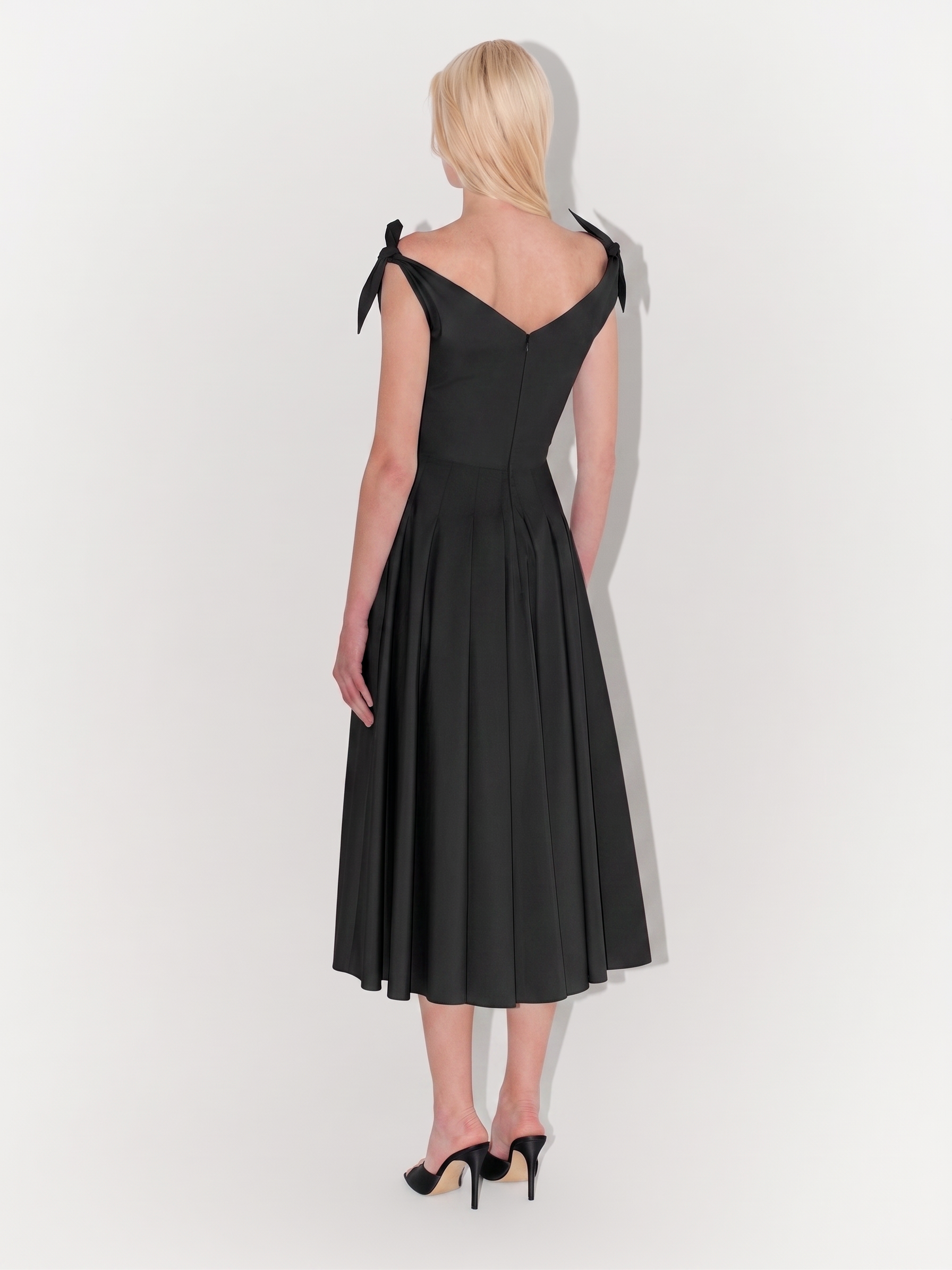 Poplin Tie-Shoulder Midi Dress in Black