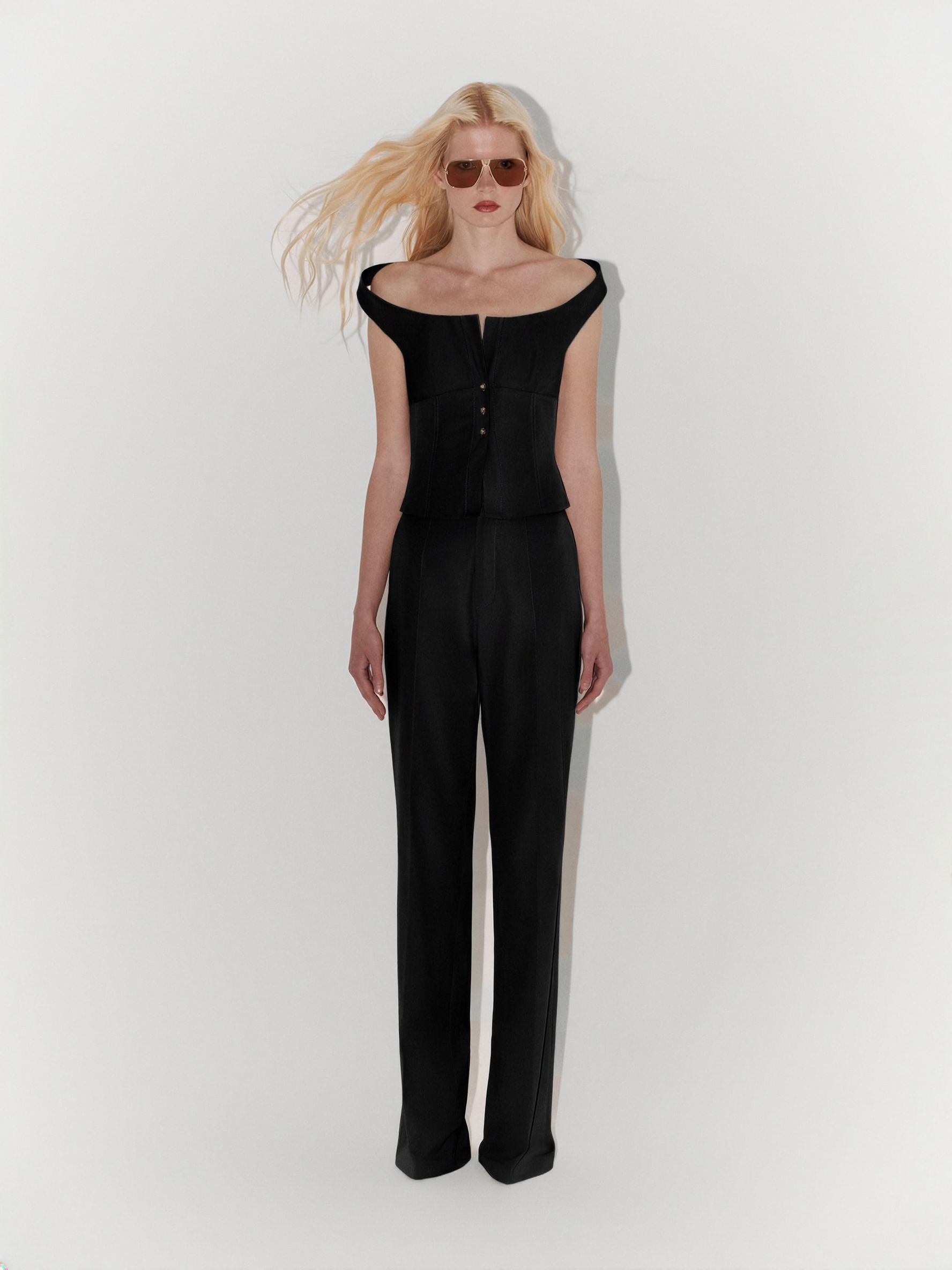 Shoulder-Detailed Poplin Bustier in Black