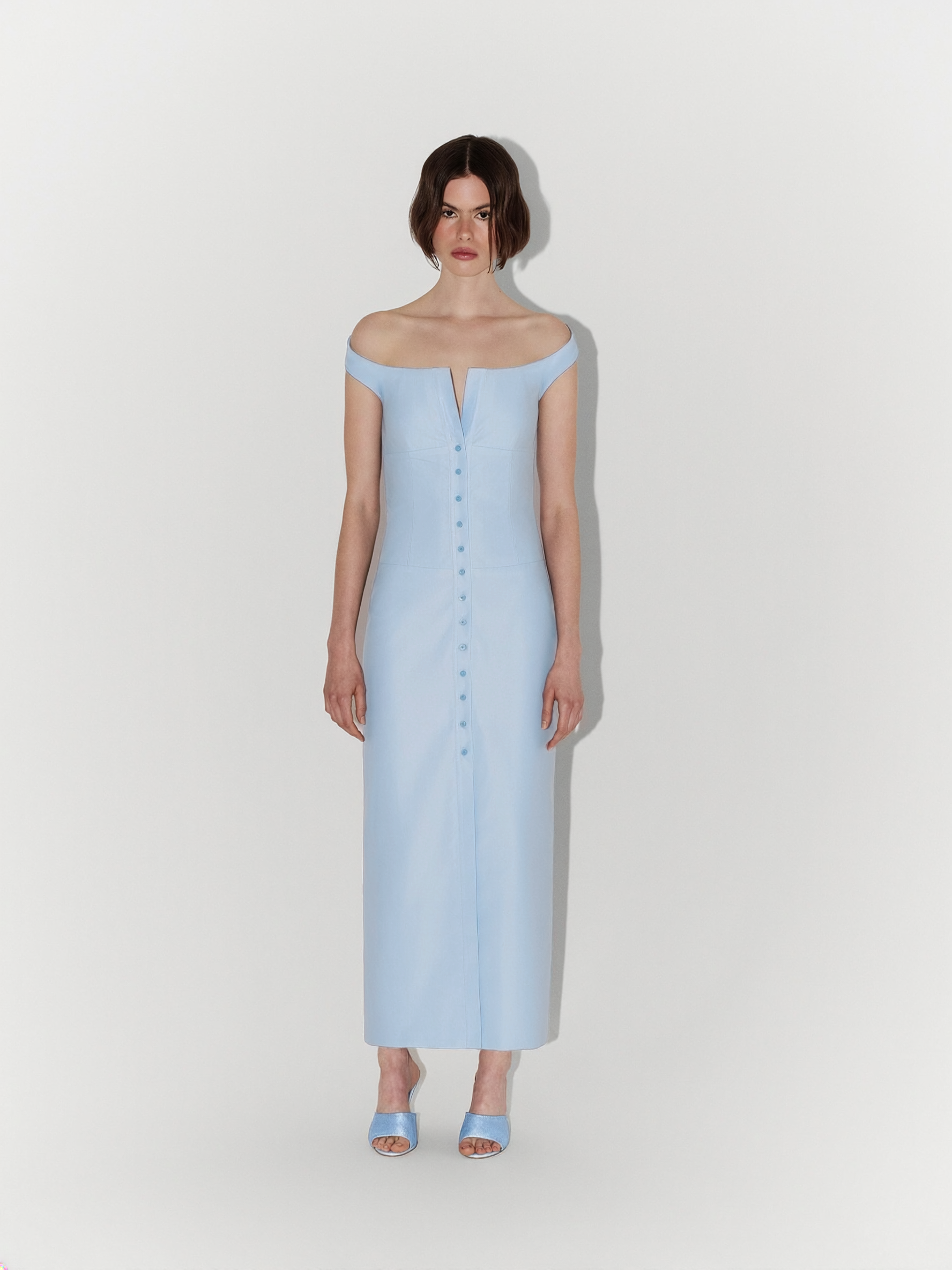 Shoulder-Detailed Poplin Midi Dress in Blue