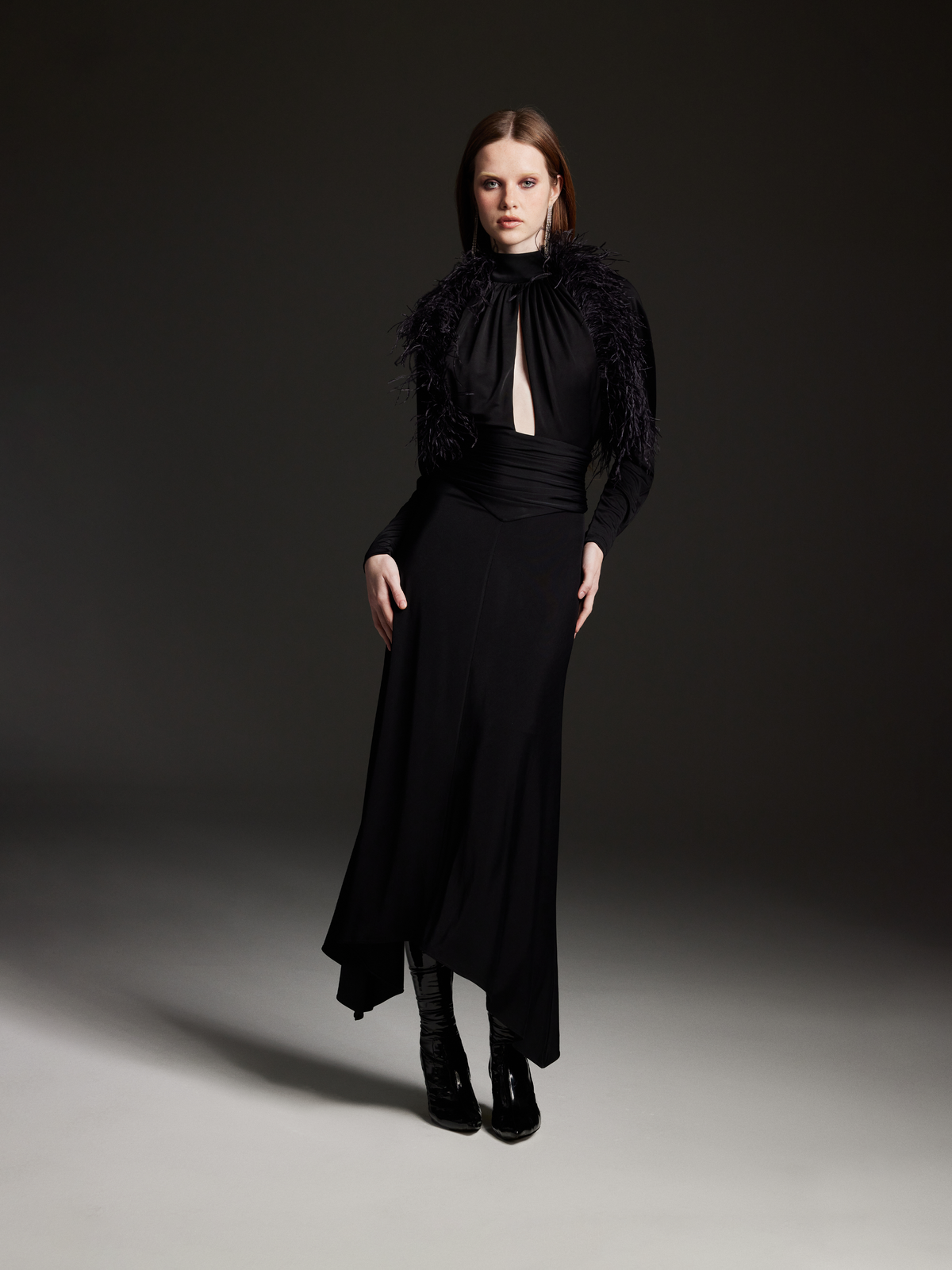 Black Feather-Trimmed Jersey Maxi Dress