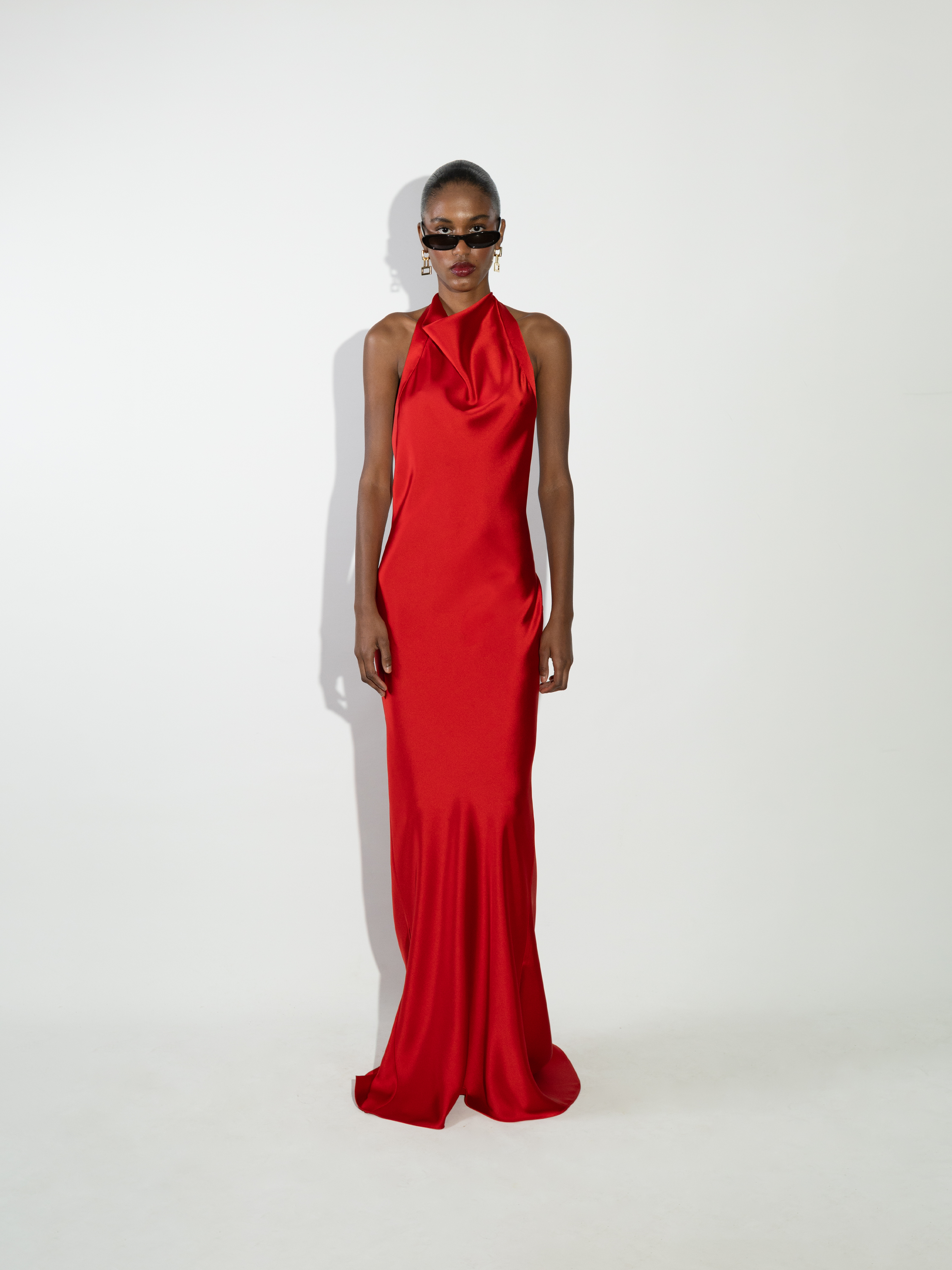 Red Draped Halter-Neck Satin Gown