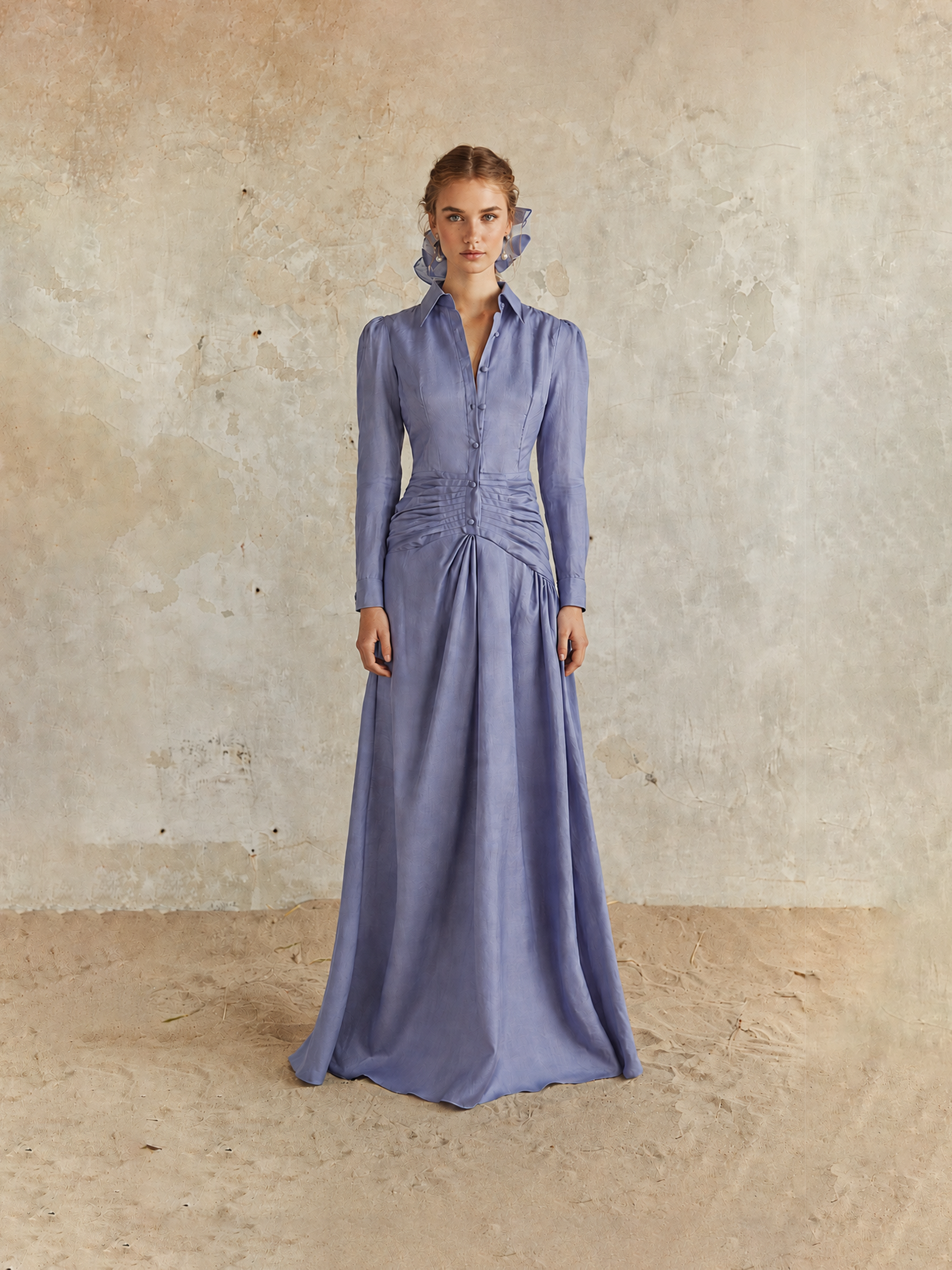 Blue Gathered Shirt-Style Maxi Dress
