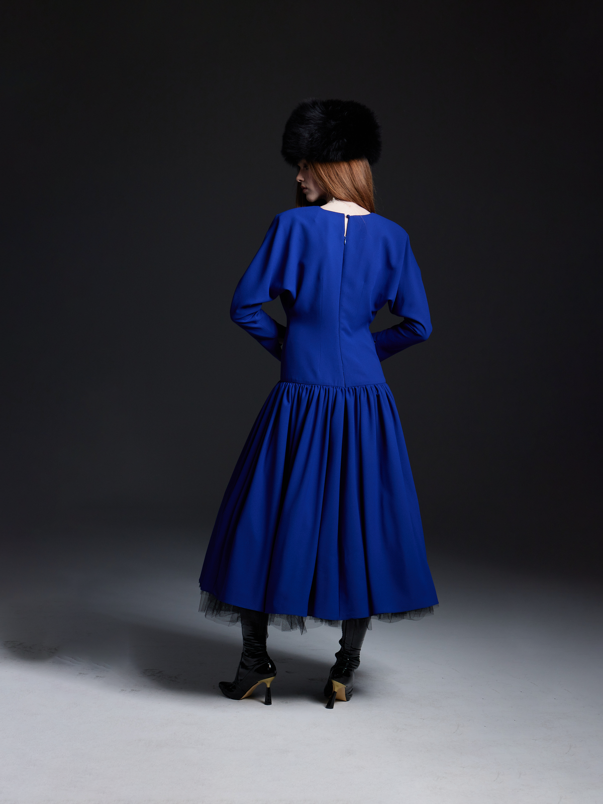 Midnight Blue Gathered Crepe Midi Dress