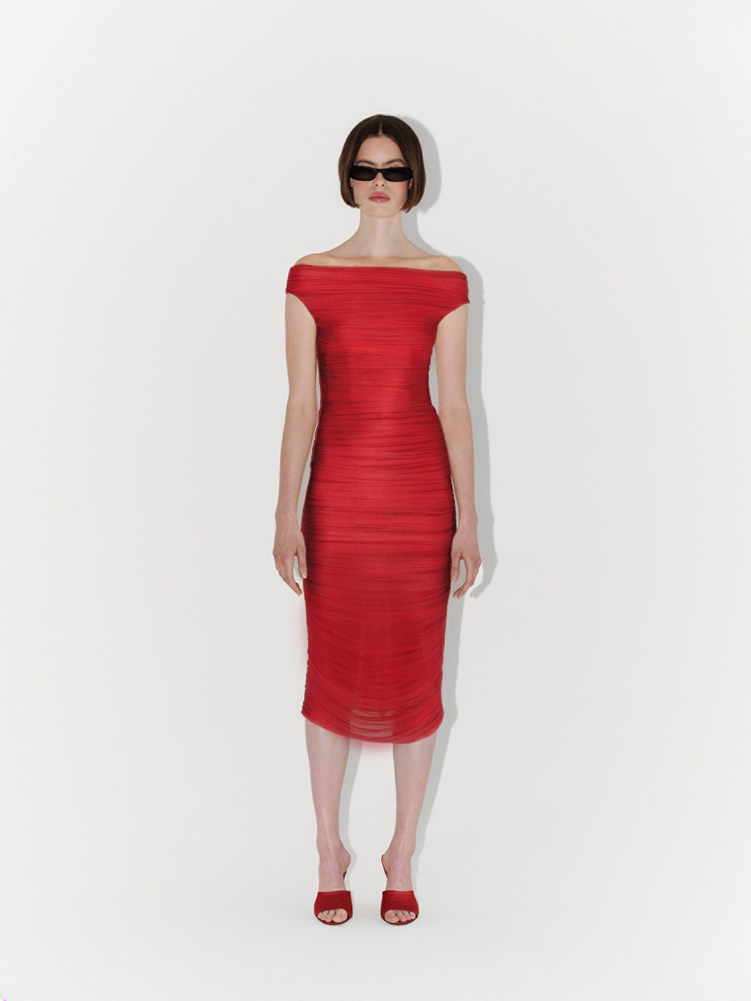 Draped Silk Tulle Off-Shoulder Fitted Midi Dress in Red