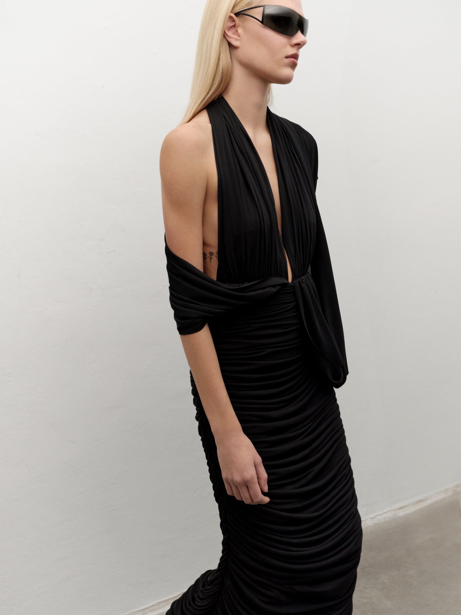 Draped Halterneck Maxi Dress in Black