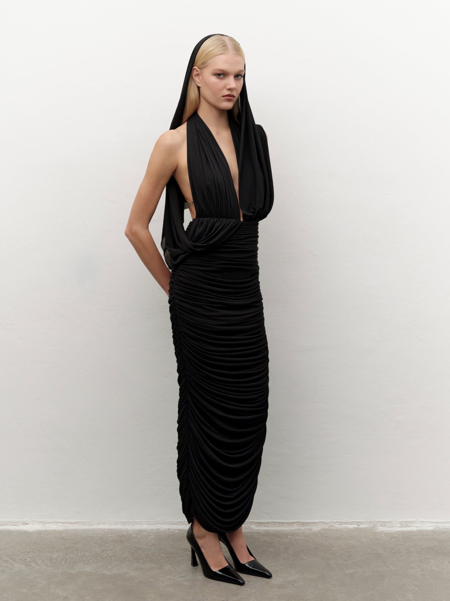 Draped Halterneck Maxi Dress in Black