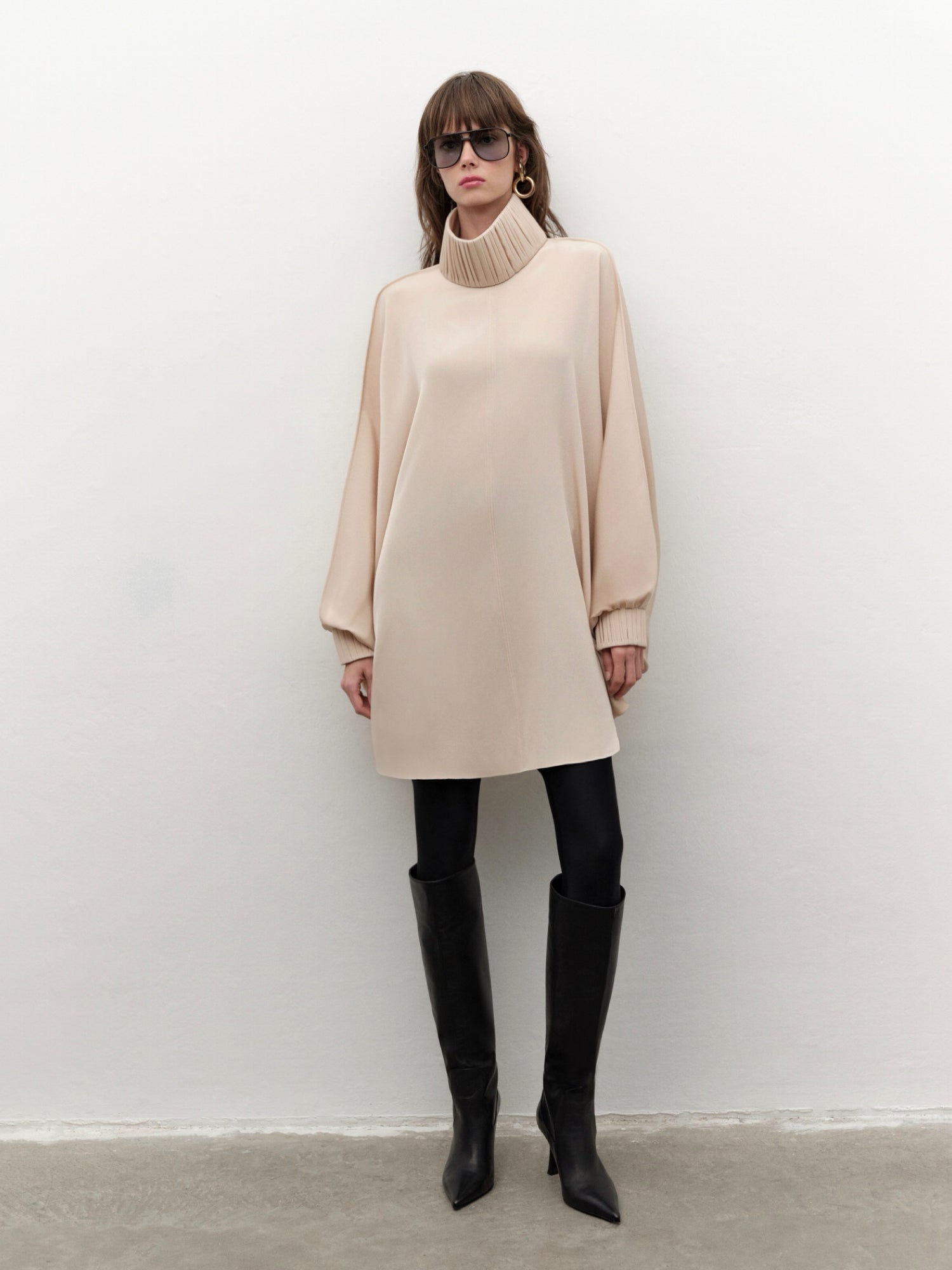 Drape-detailed High-neck Batwing Sleeve Mini Dress in Beige