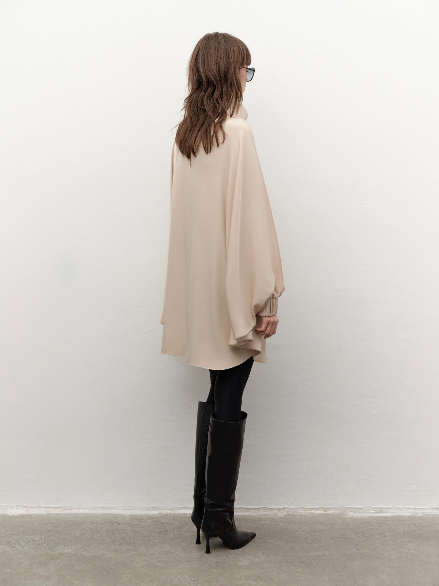 Drape-detailed High-neck Batwing Sleeve Mini Dress in Beige