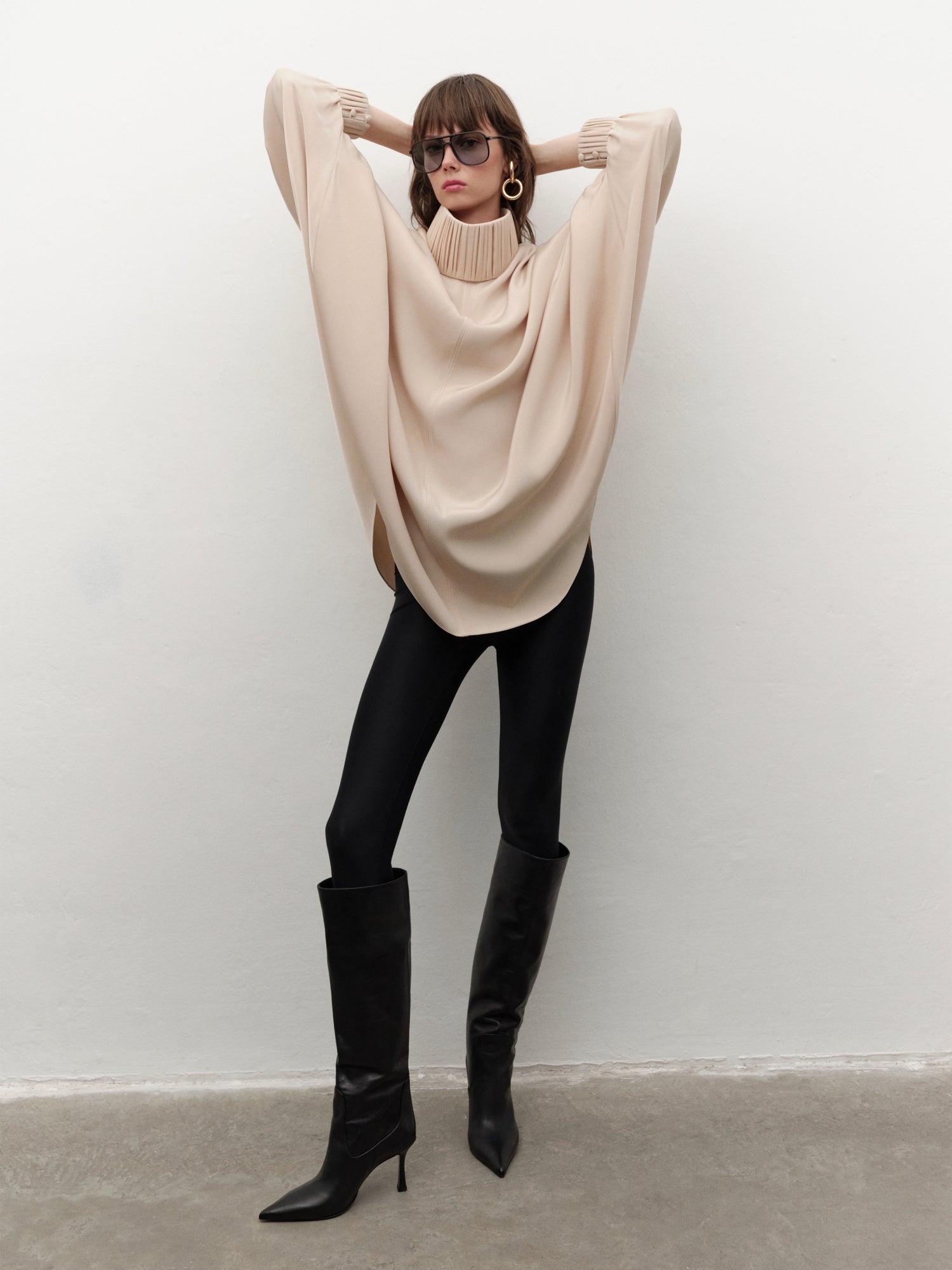 Drape-detailed High-neck Batwing Sleeve Mini Dress in Beige