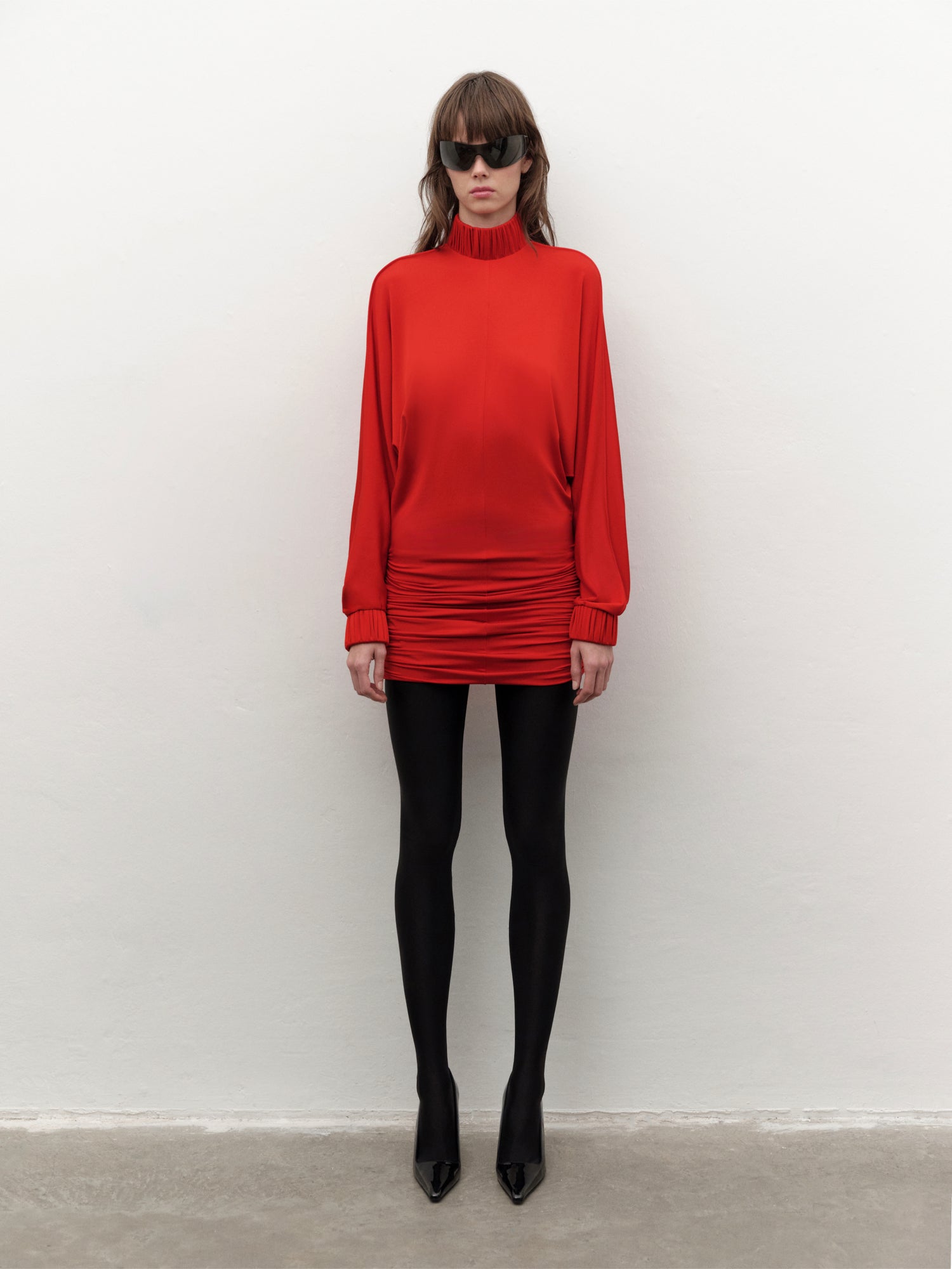 Drape-detailed High-neck Batwing Sleeve Mini Dress in Red