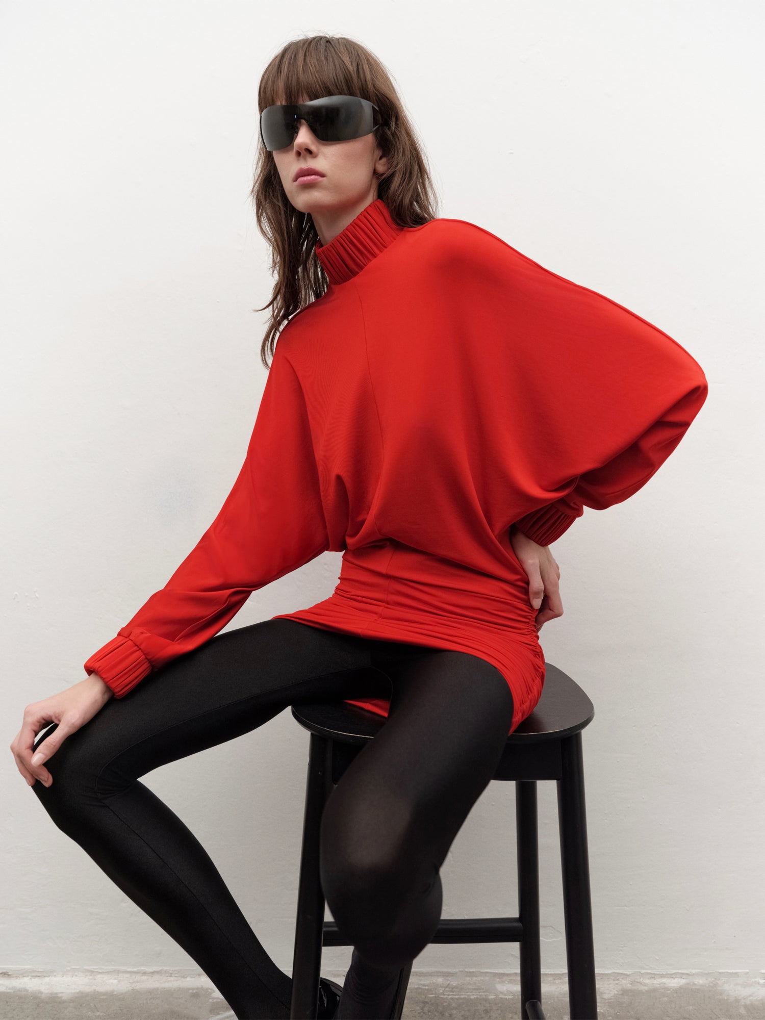 Drape-detailed High-neck Batwing Sleeve Mini Dress in Black