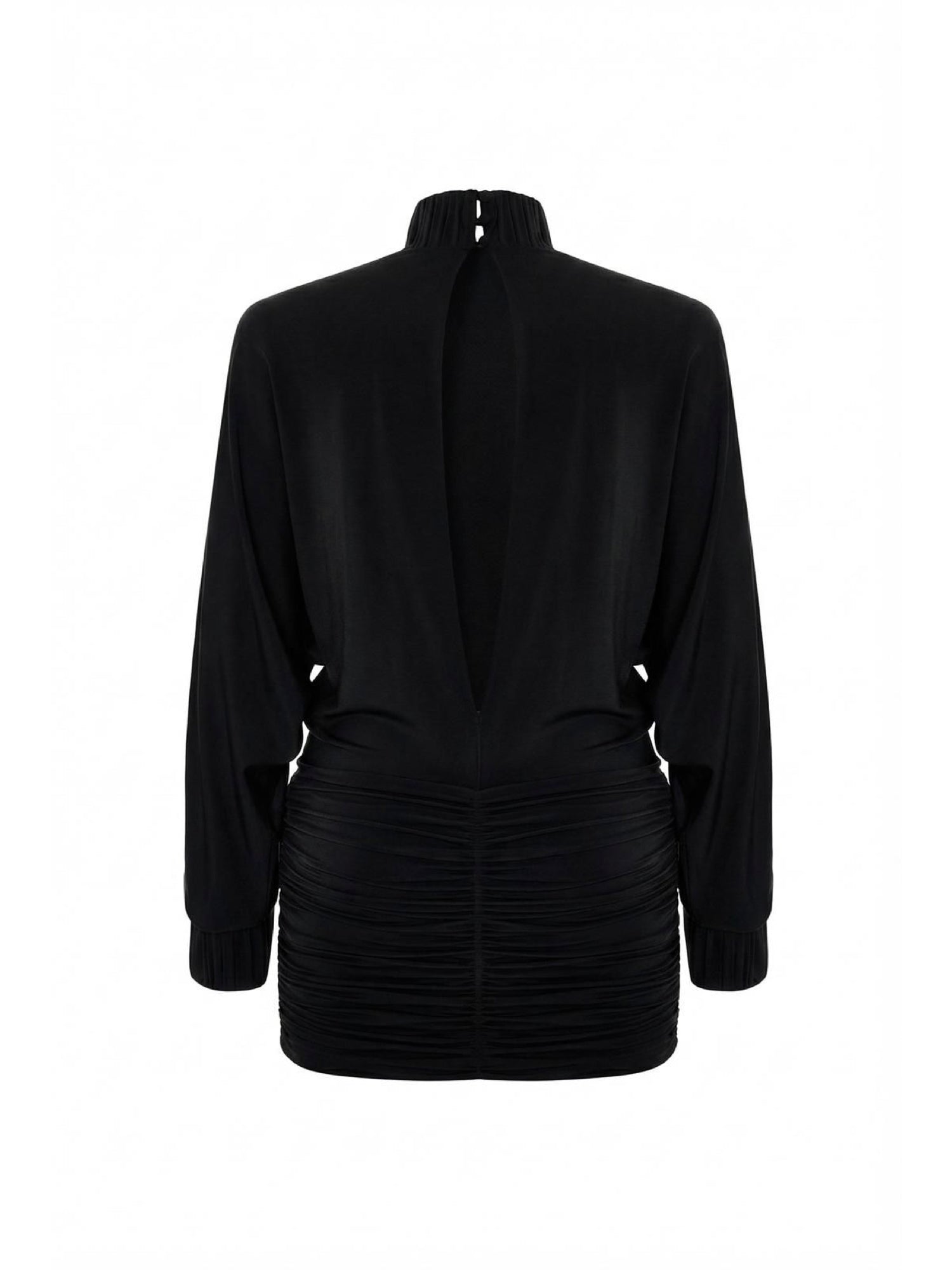 Drape-detailed High-neck Batwing Sleeve Mini Dress in Black