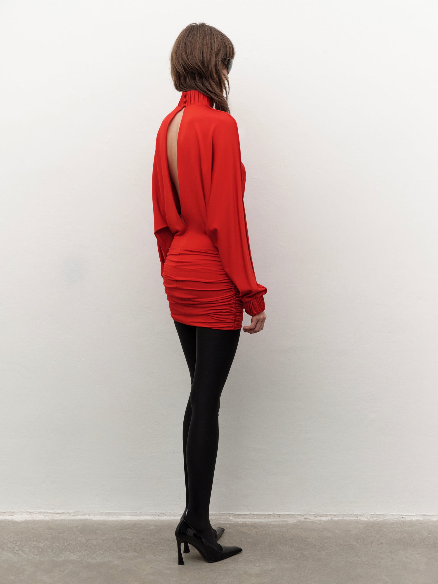 Drape-detailed High-neck Batwing Sleeve Mini Dress in Red