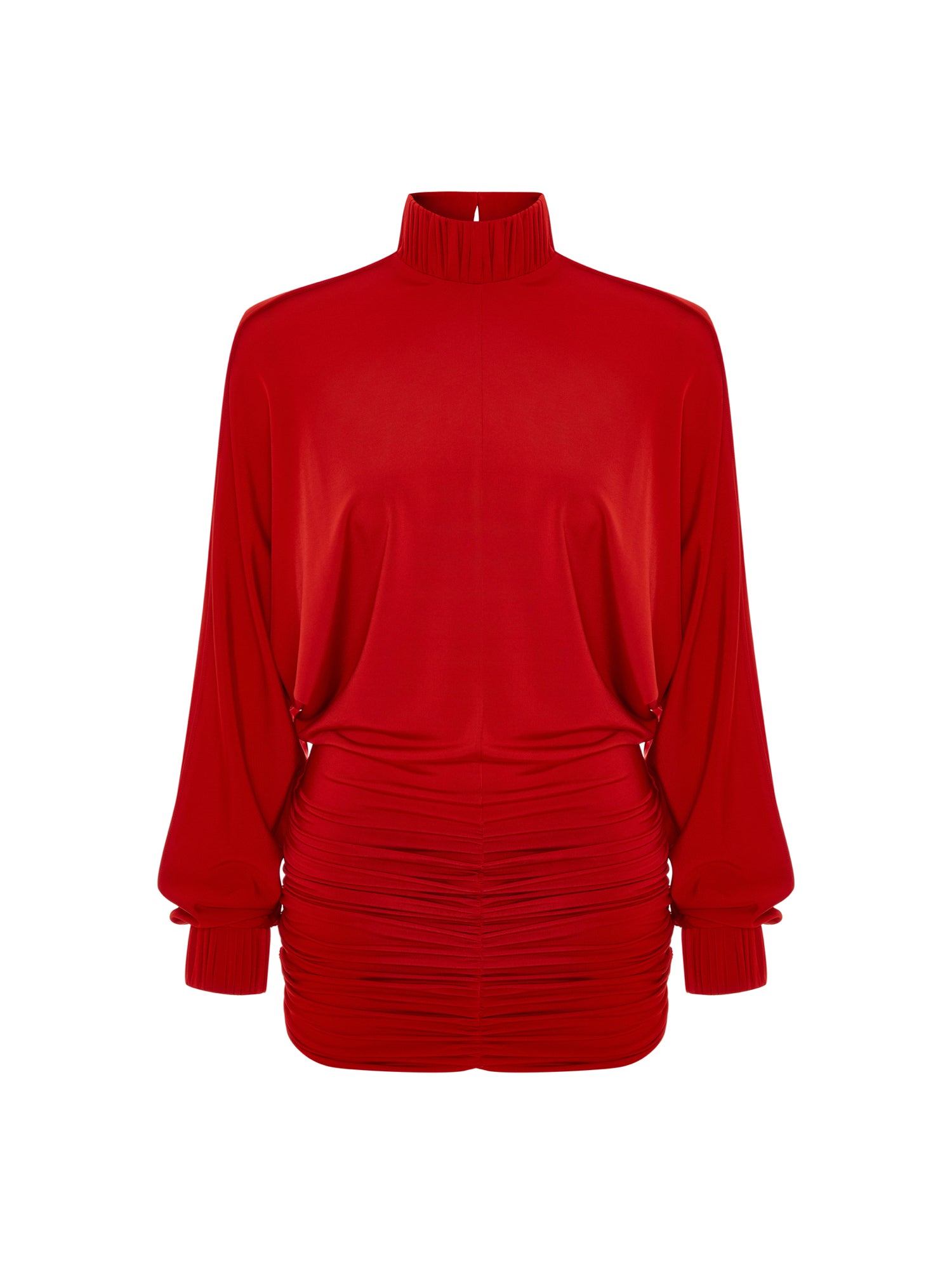 Drape-detailed High-neck Batwing Sleeve Mini Dress in Red