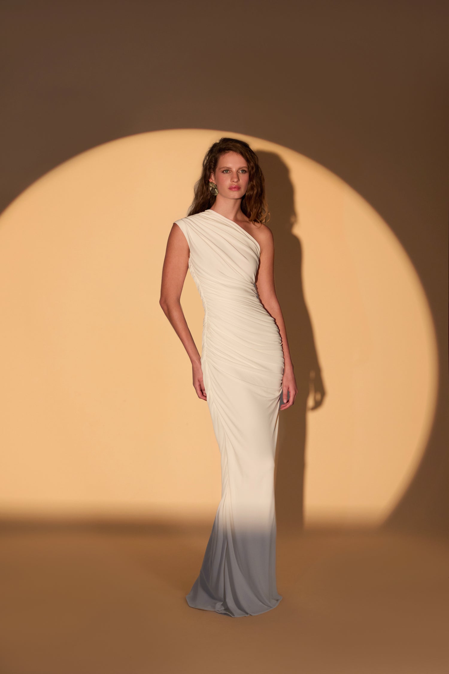 'Dione' Ruched jersey one shoulder maxi length dress