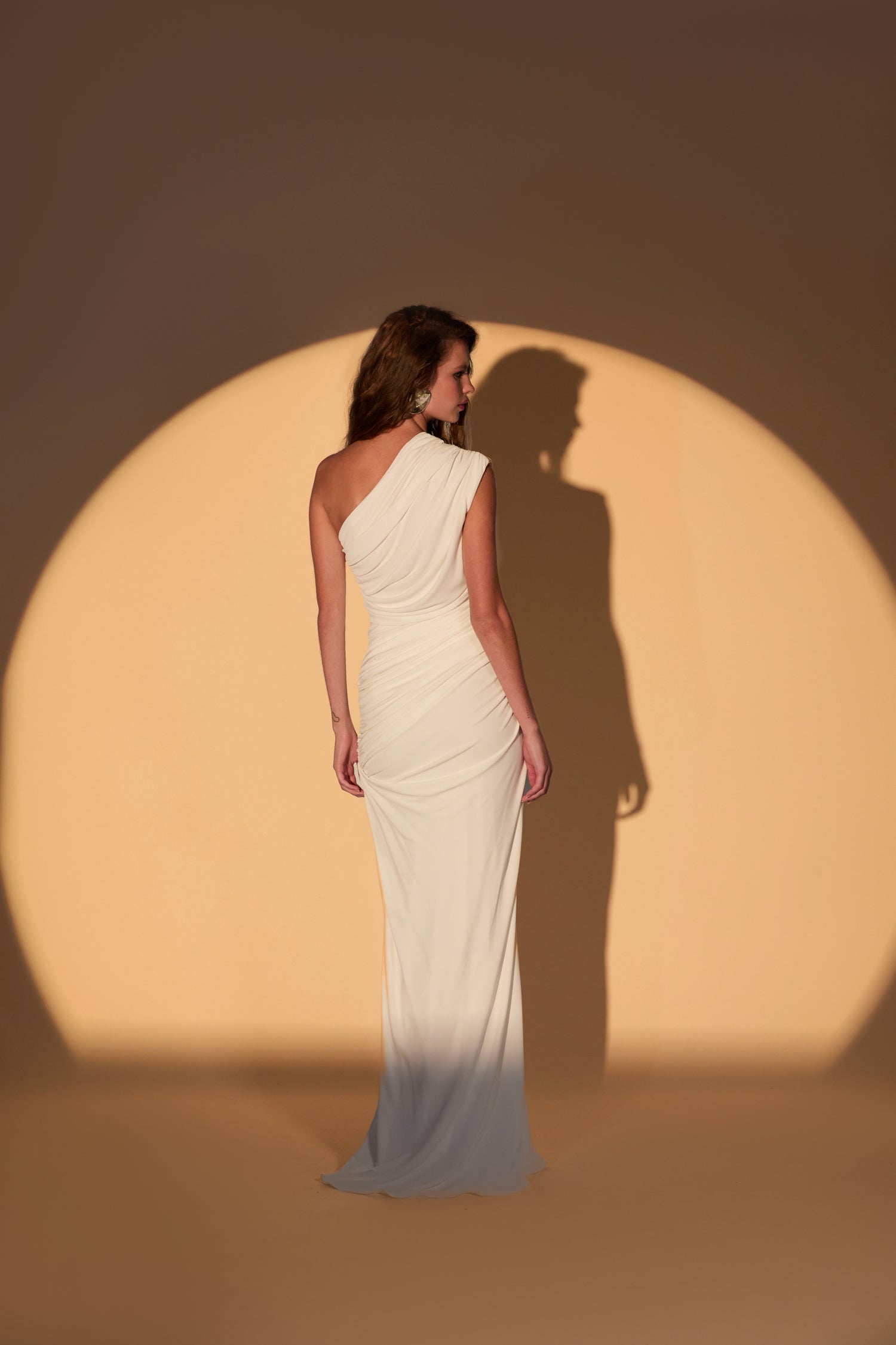 'Dione' Ruched jersey one shoulder maxi length dress