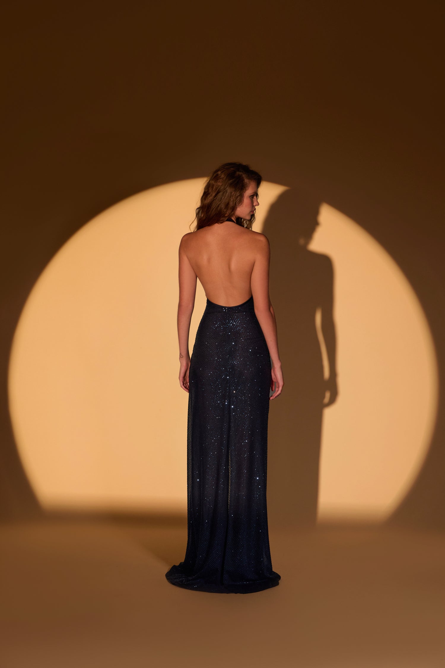 'Erin' Rhinestone knit chiffon halter neck full length dress