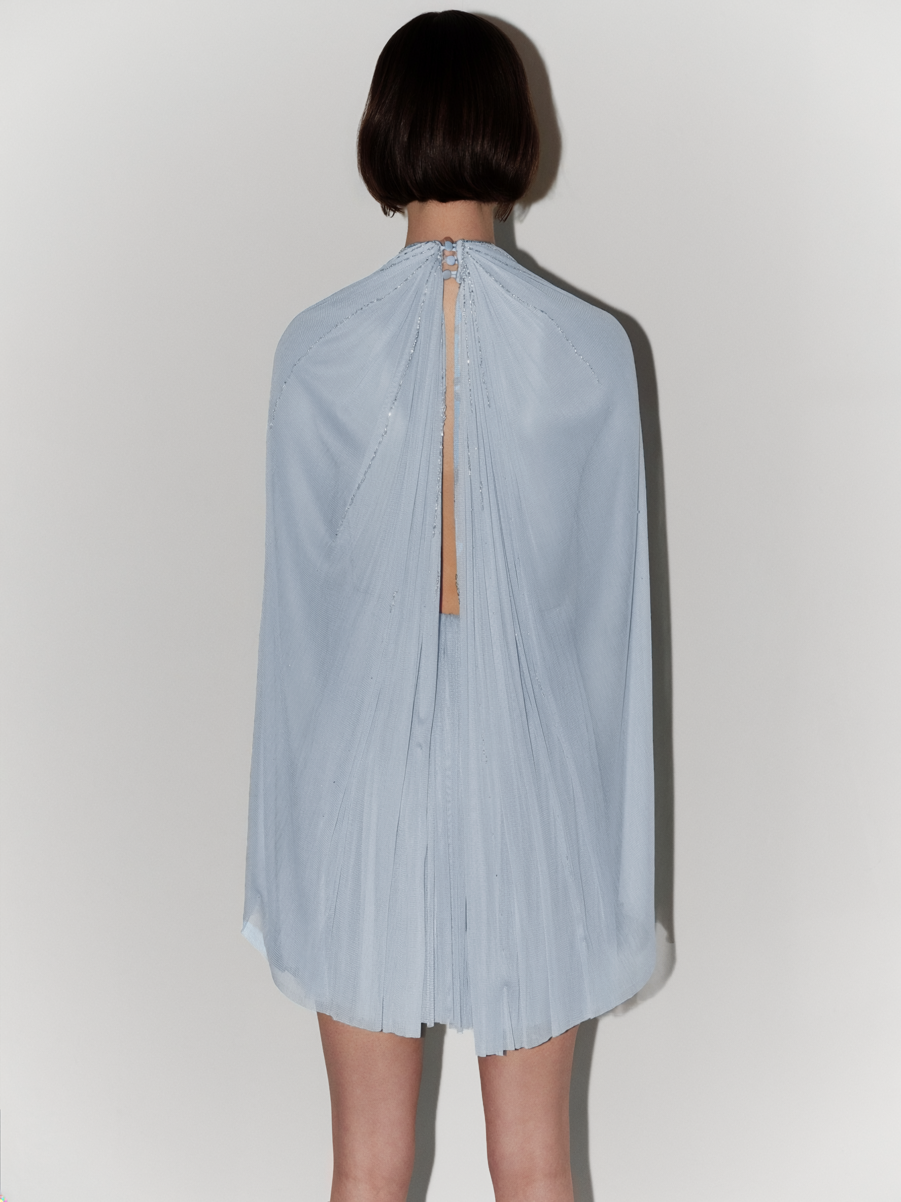 Halter-Neck Hand-Embroidered Silk Tulle Couture Mini Dress in Light Blue