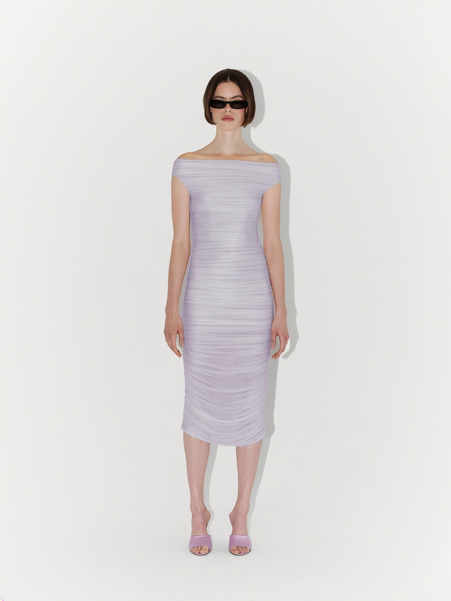 Draped Silk Tulle Off-Shoulder Fitted Midi Dress in Lilac