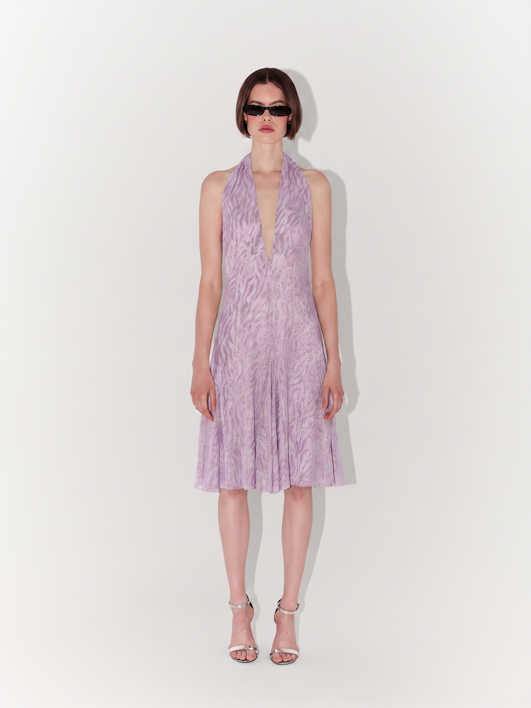Halter-Neck Shimmer Textured Mini Dress in Lilac
