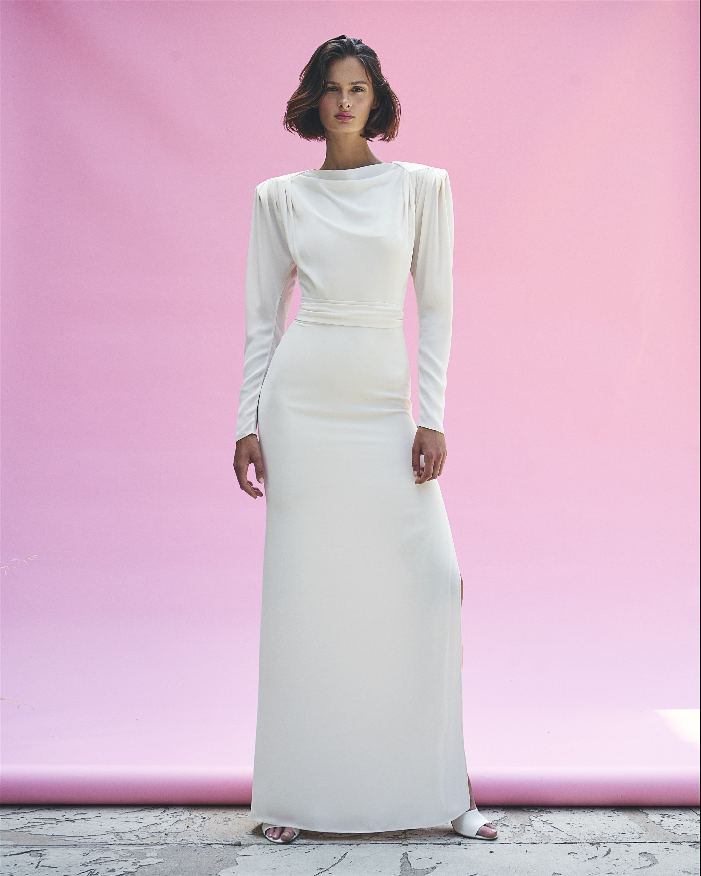 Ecru Draped Long Sleeve Maxi Dress