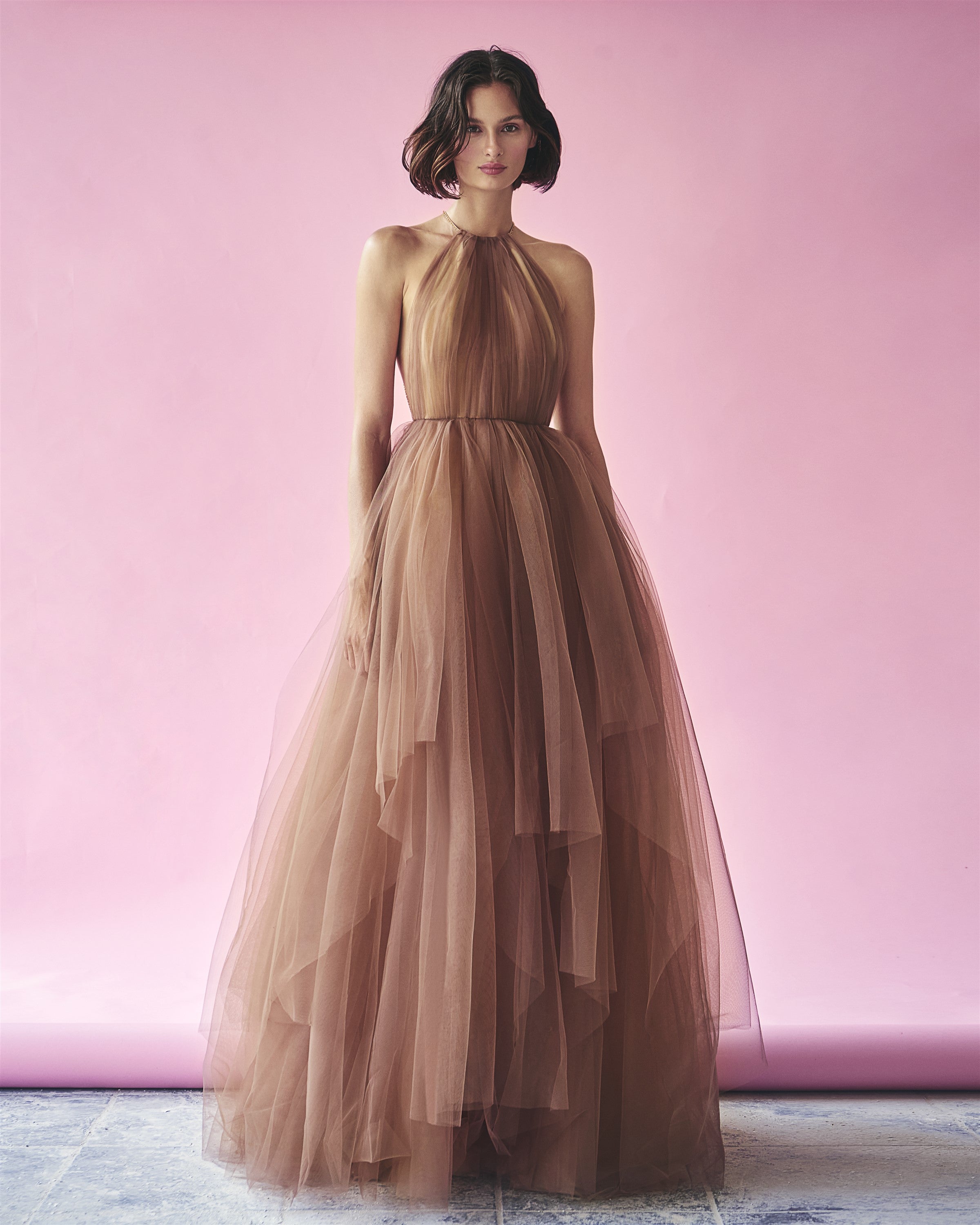 Brown-Nude Halterneck Layered Tulle Gown