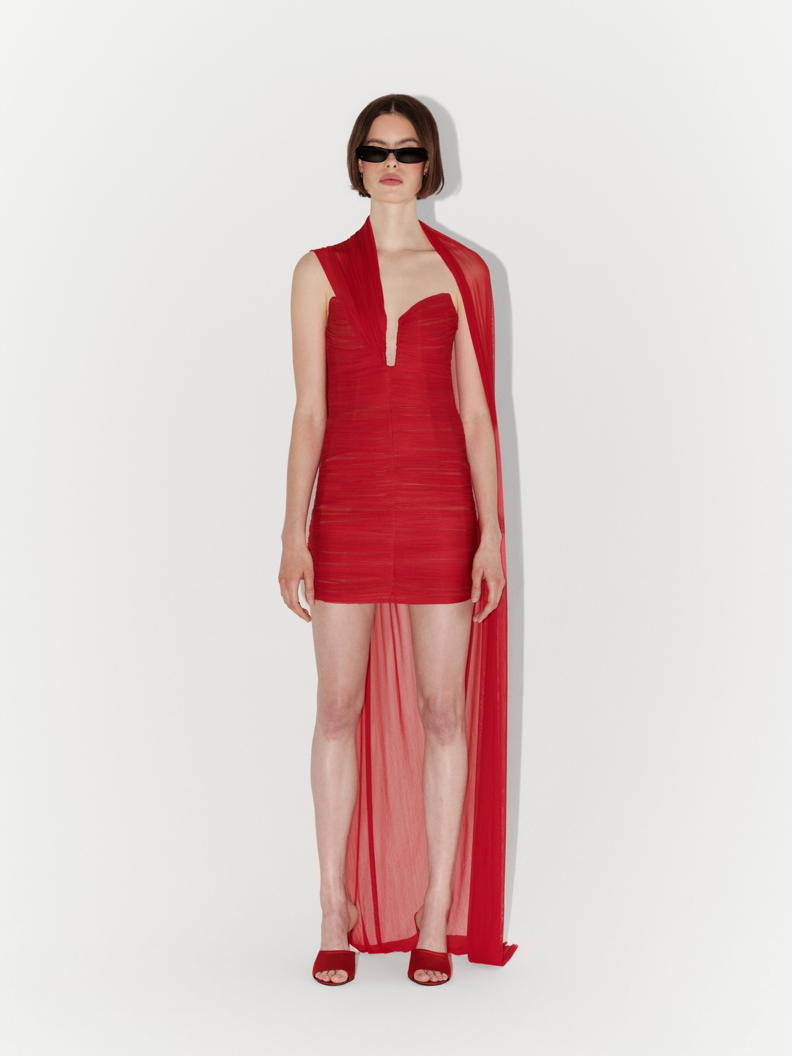 Silk Tulle Draped Fitted Couture Mini Dress in Red