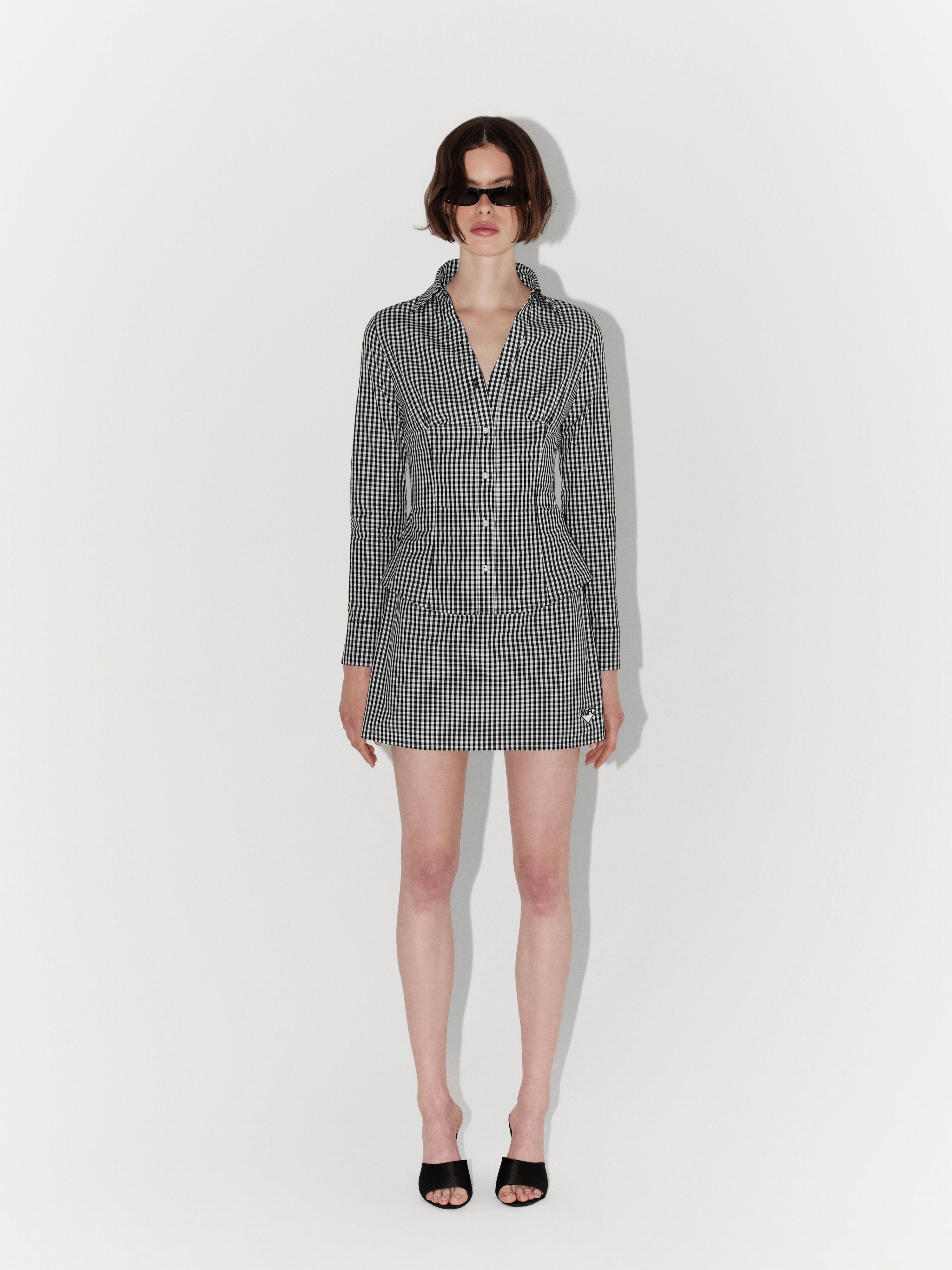 Black and White Gingham Shirt and Skirt Set