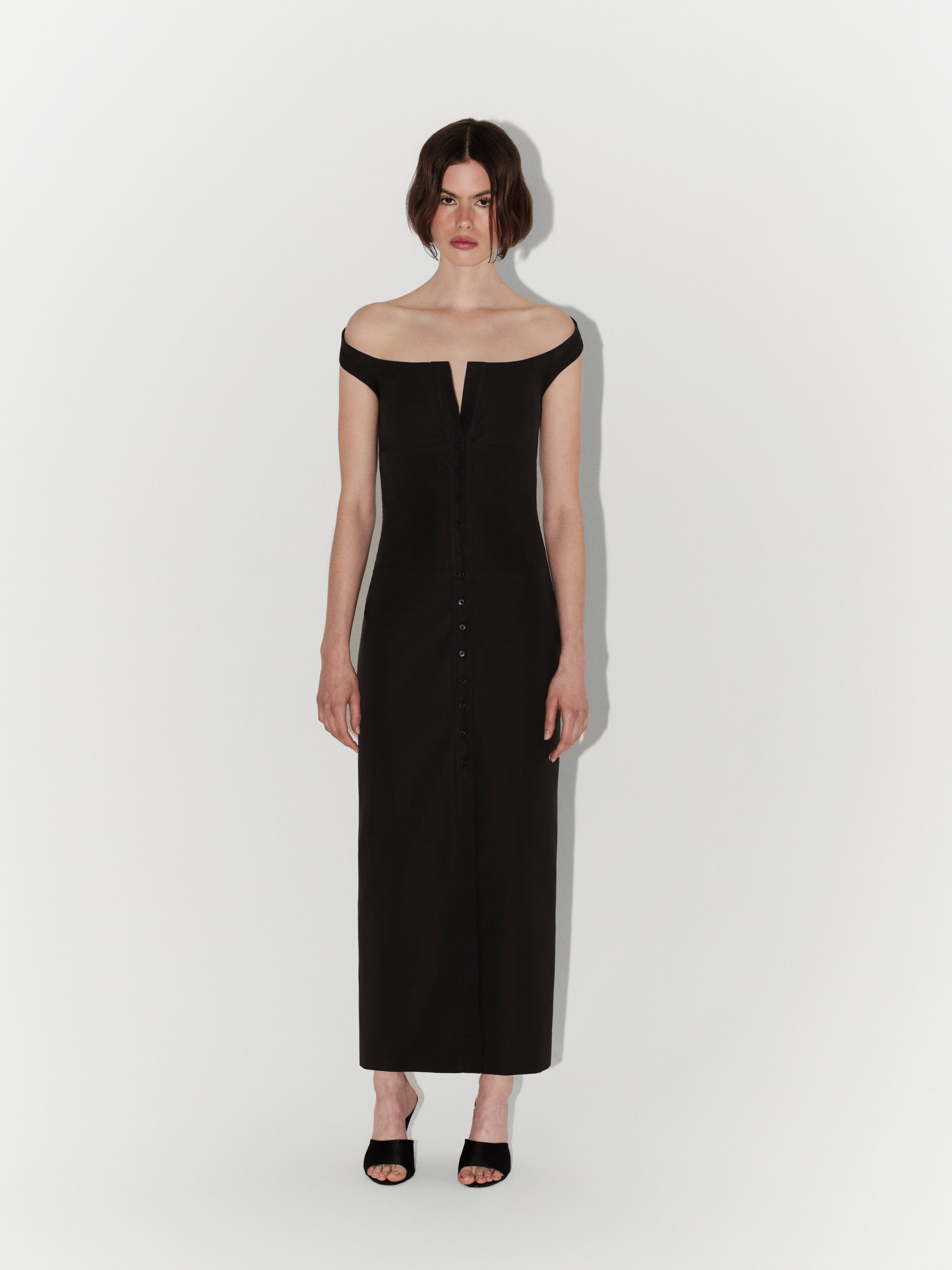 Shoulder-Detailed Poplin Midi Dress in Black
