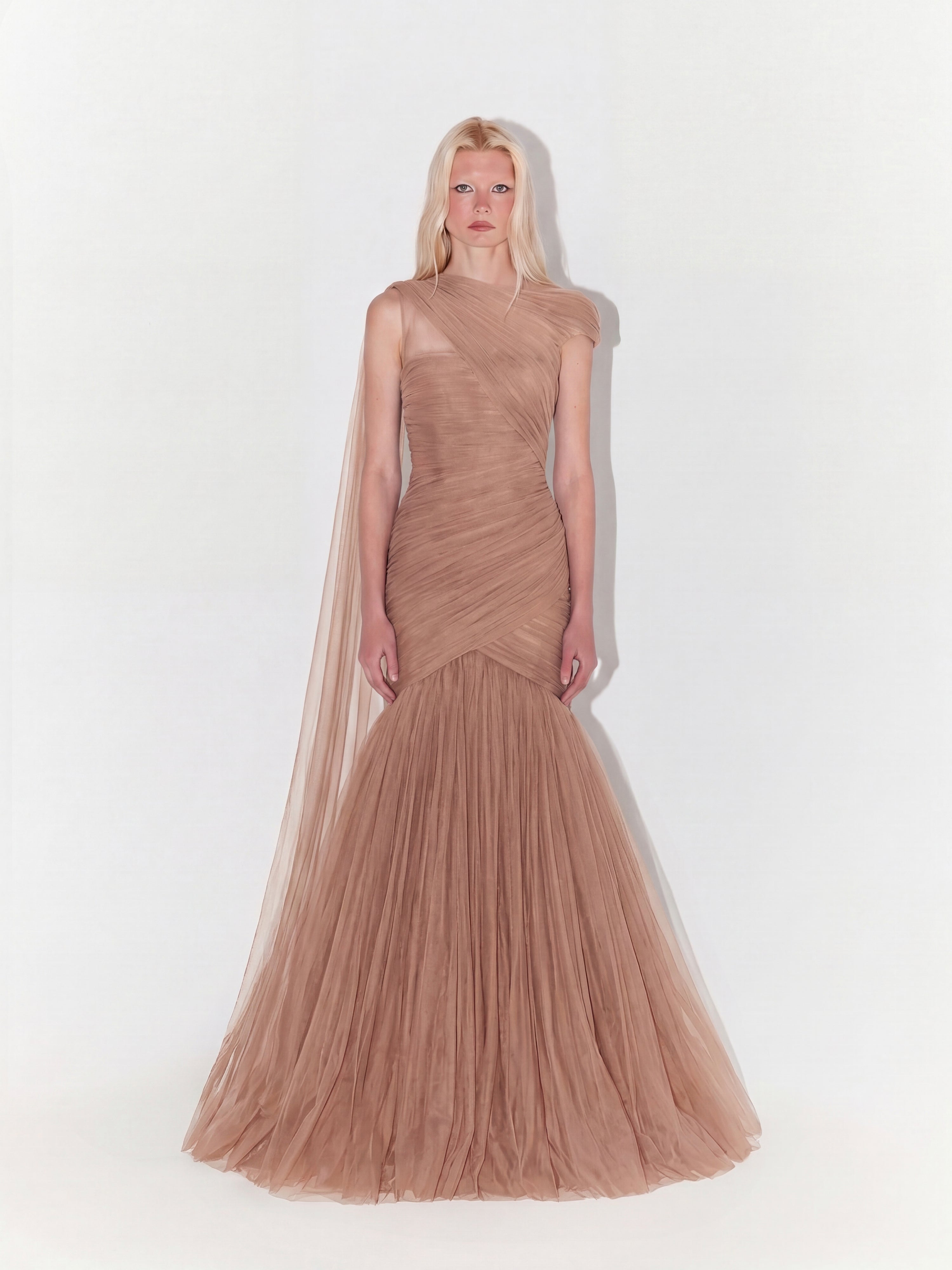 One-Shoulder Couture Structural Tulle Gown In Nude