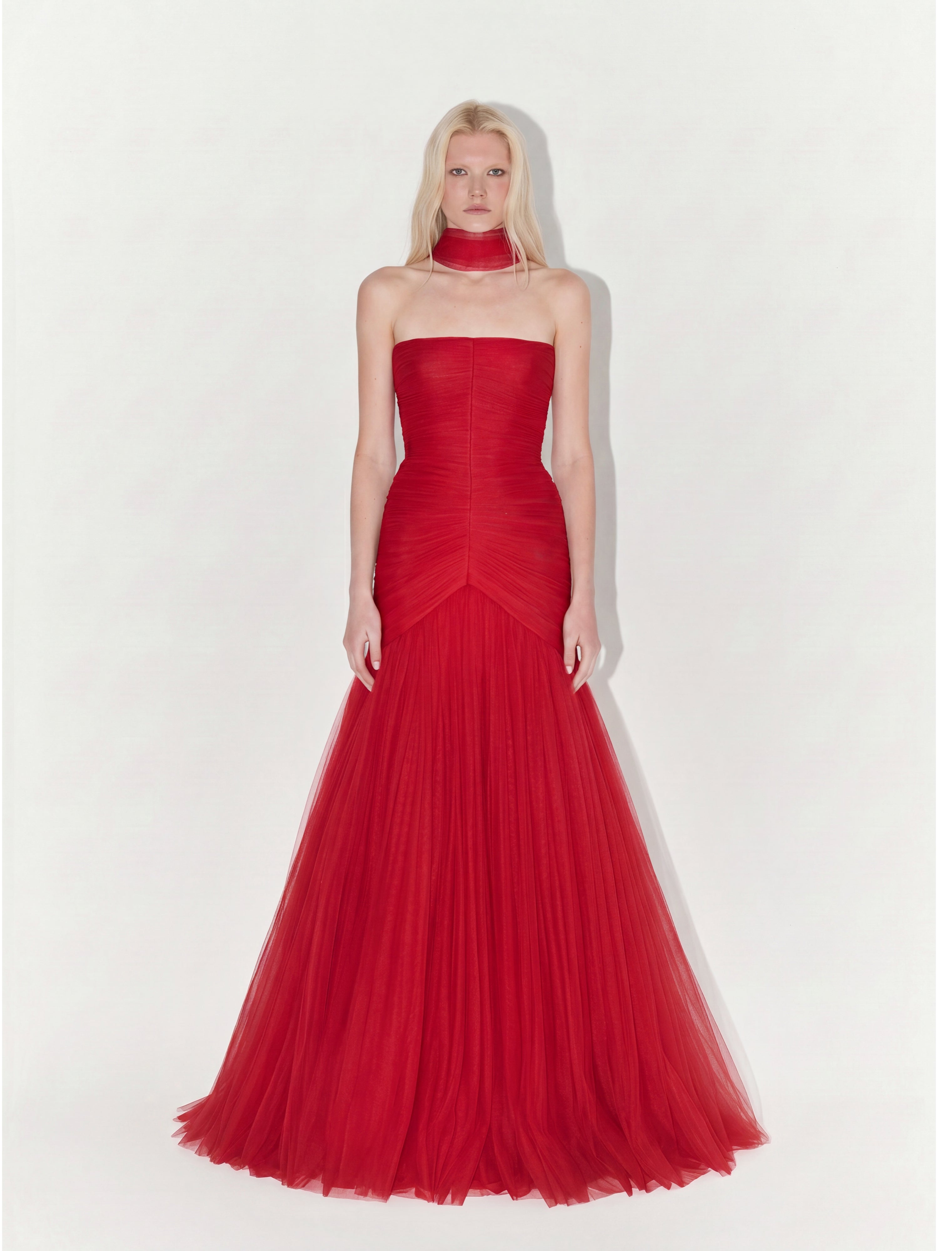 Draped Strapless Tulle Gown with Scarf In Red