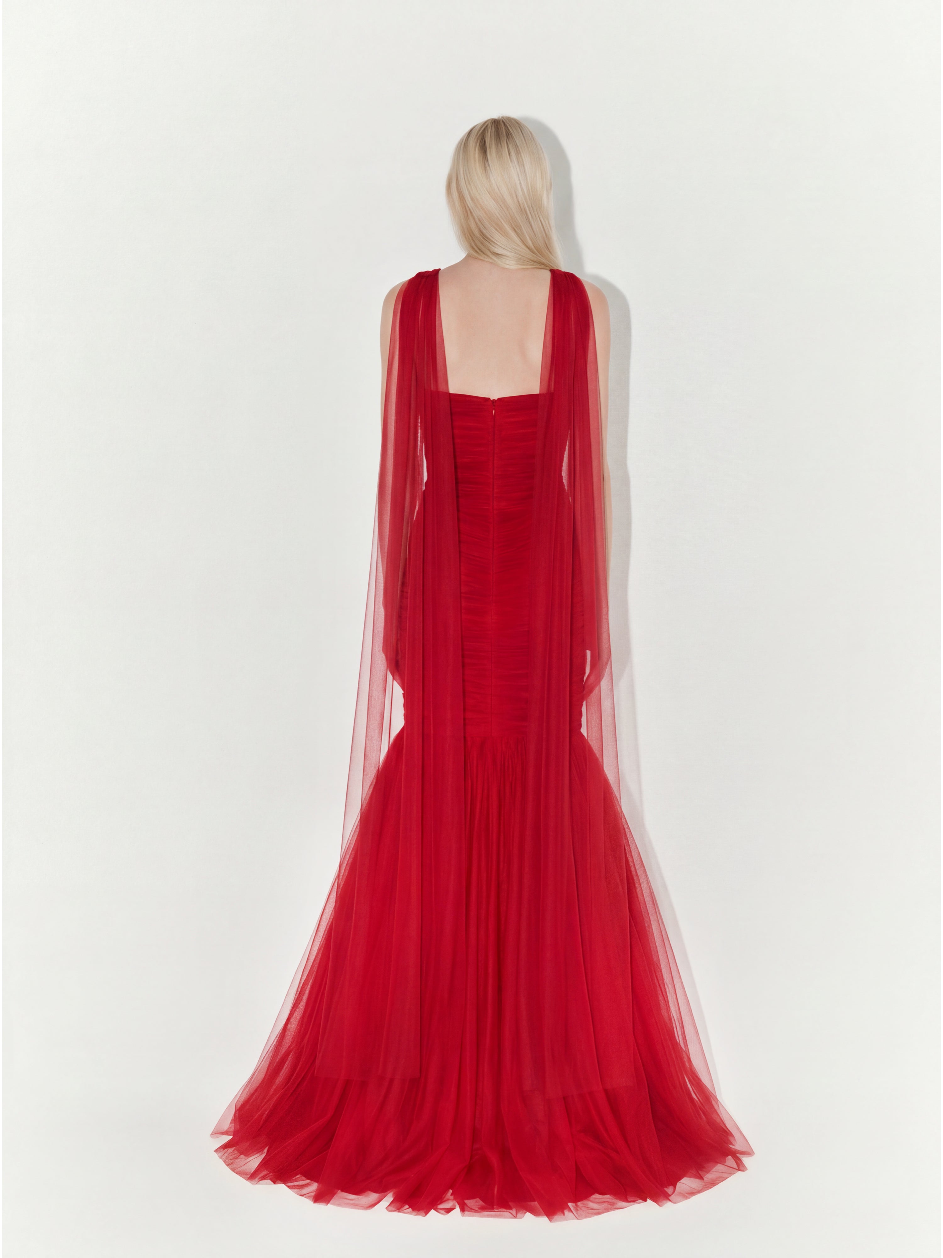 Draped Strapless Tulle Gown with Scarf In Red