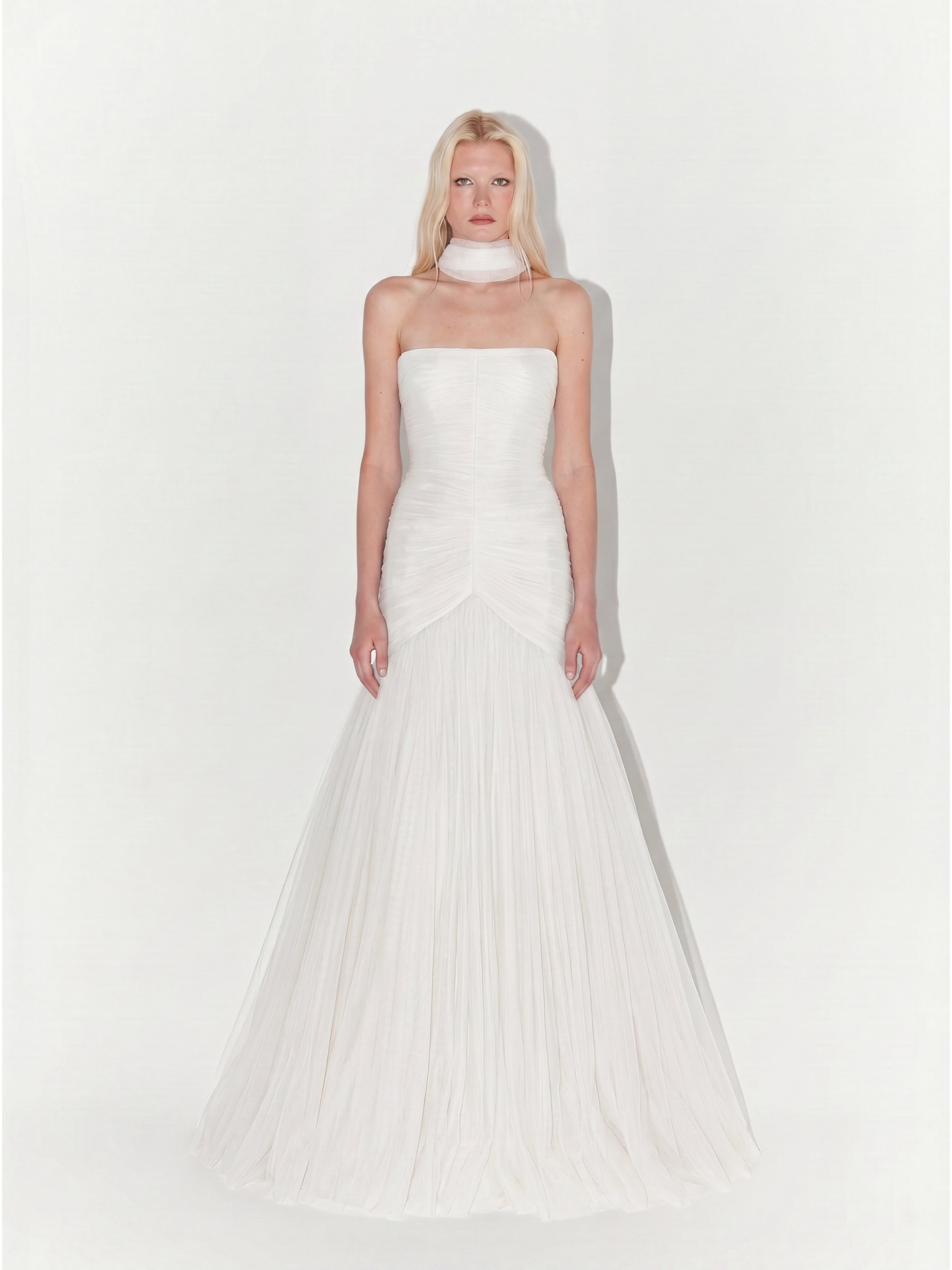 Draped Strapless Tulle Gown with Scarf In White