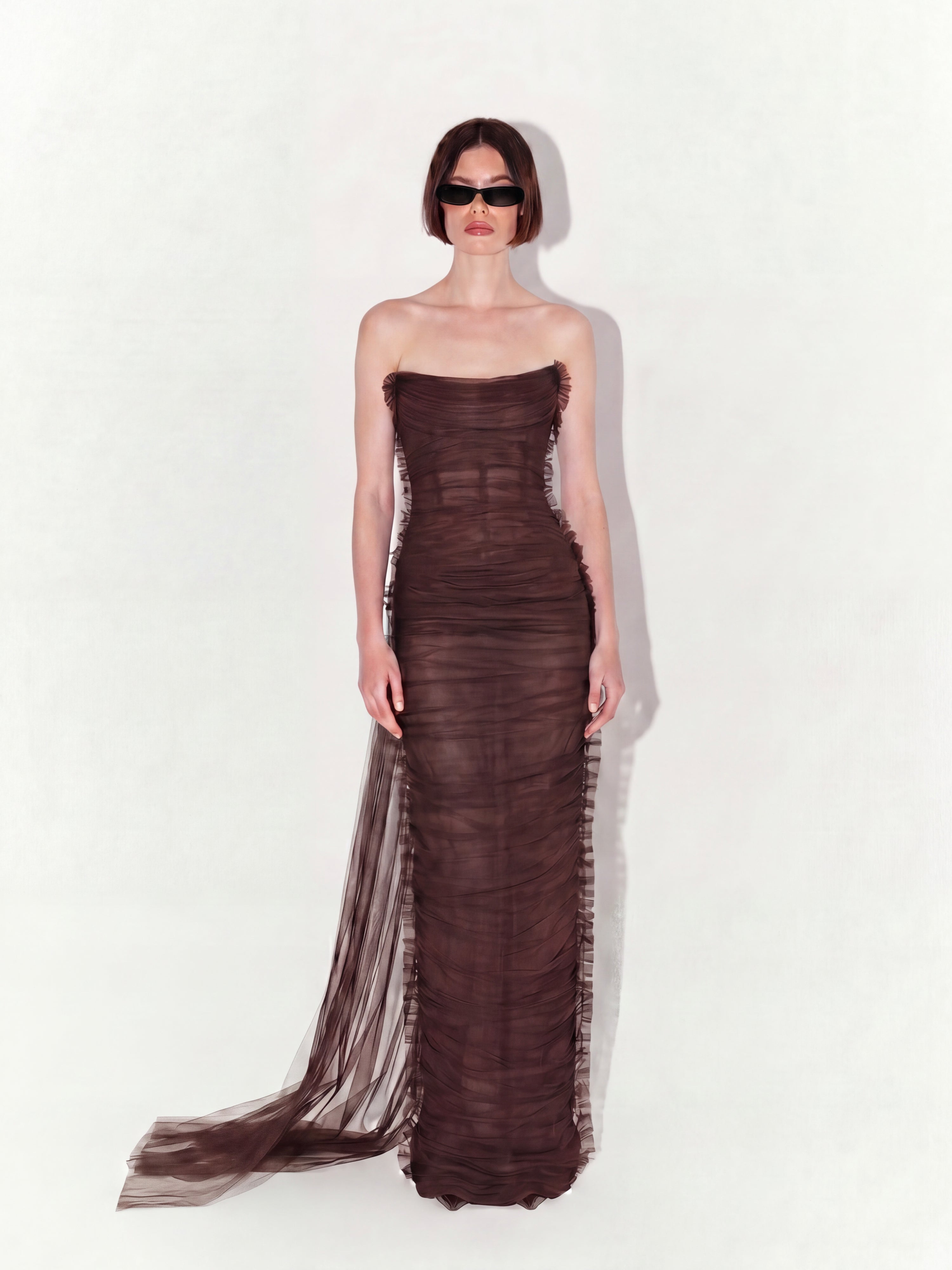 Draped Tulle Couture Gown with Train In Brown