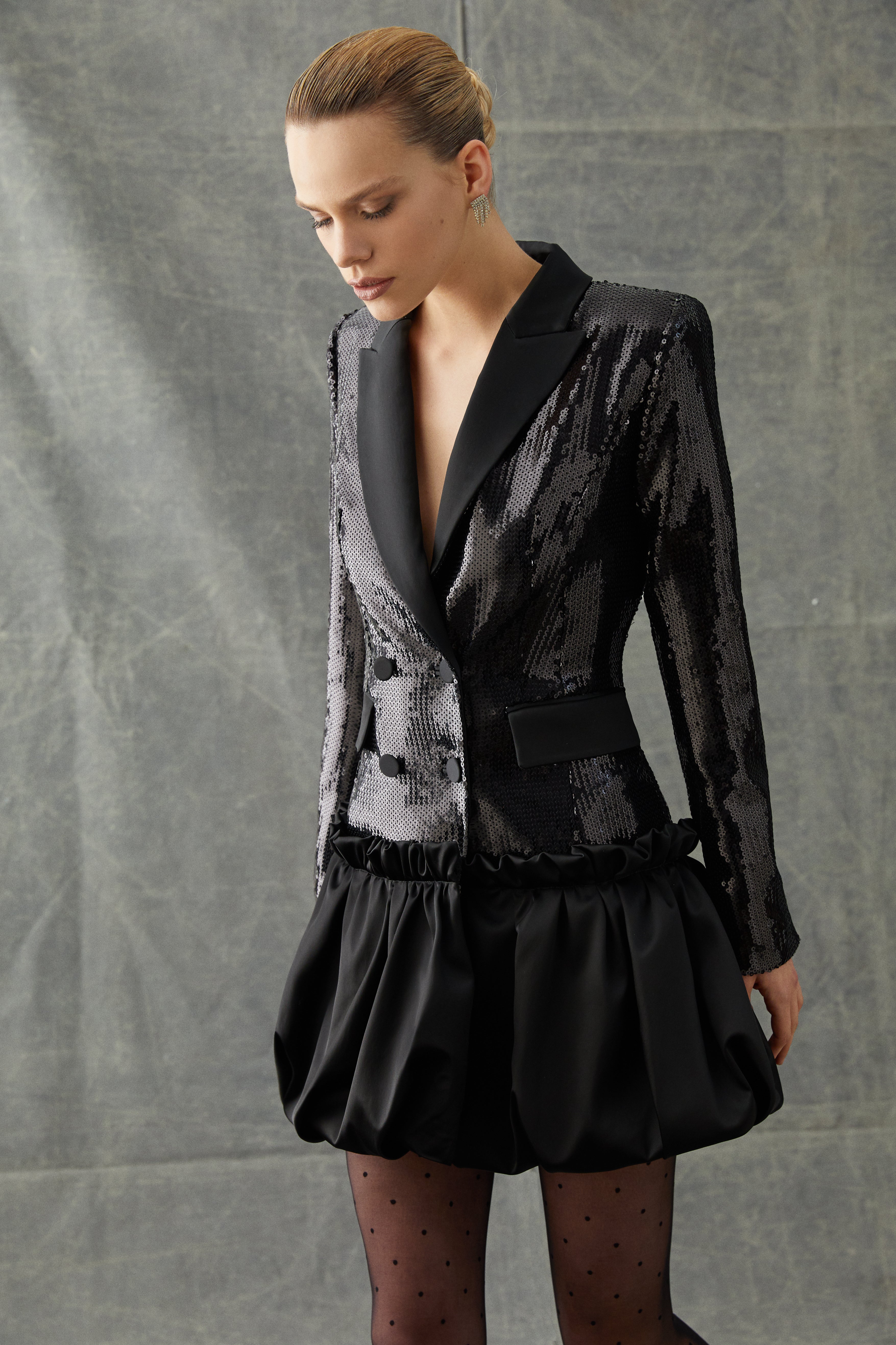 Black Sequined Tuxedo Bubble Mini Dress