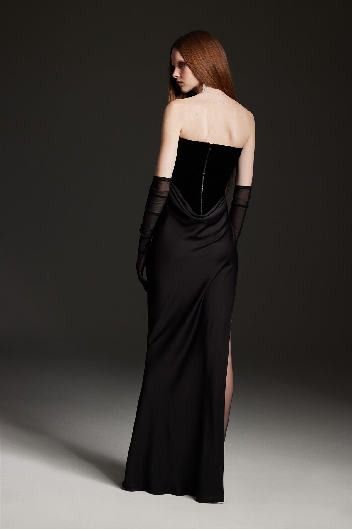 Black Draped Strapless Maxi Dress