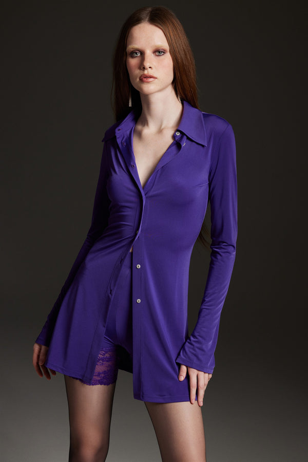 "Alek" Purple Jersey Mini Shirt Dress