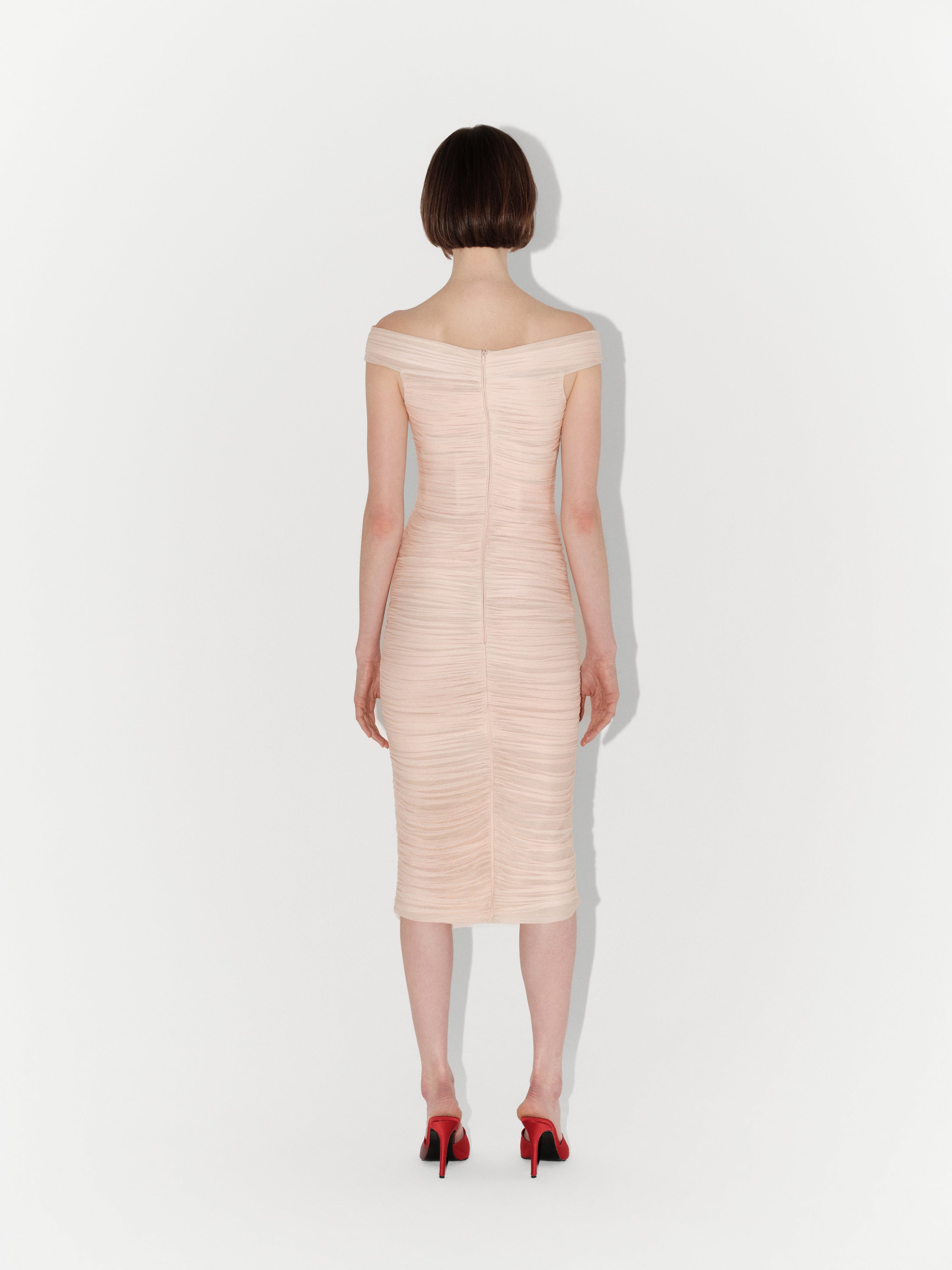 Draped Silk Tulle Off-Shoulder Fitted Midi Dress in Pink