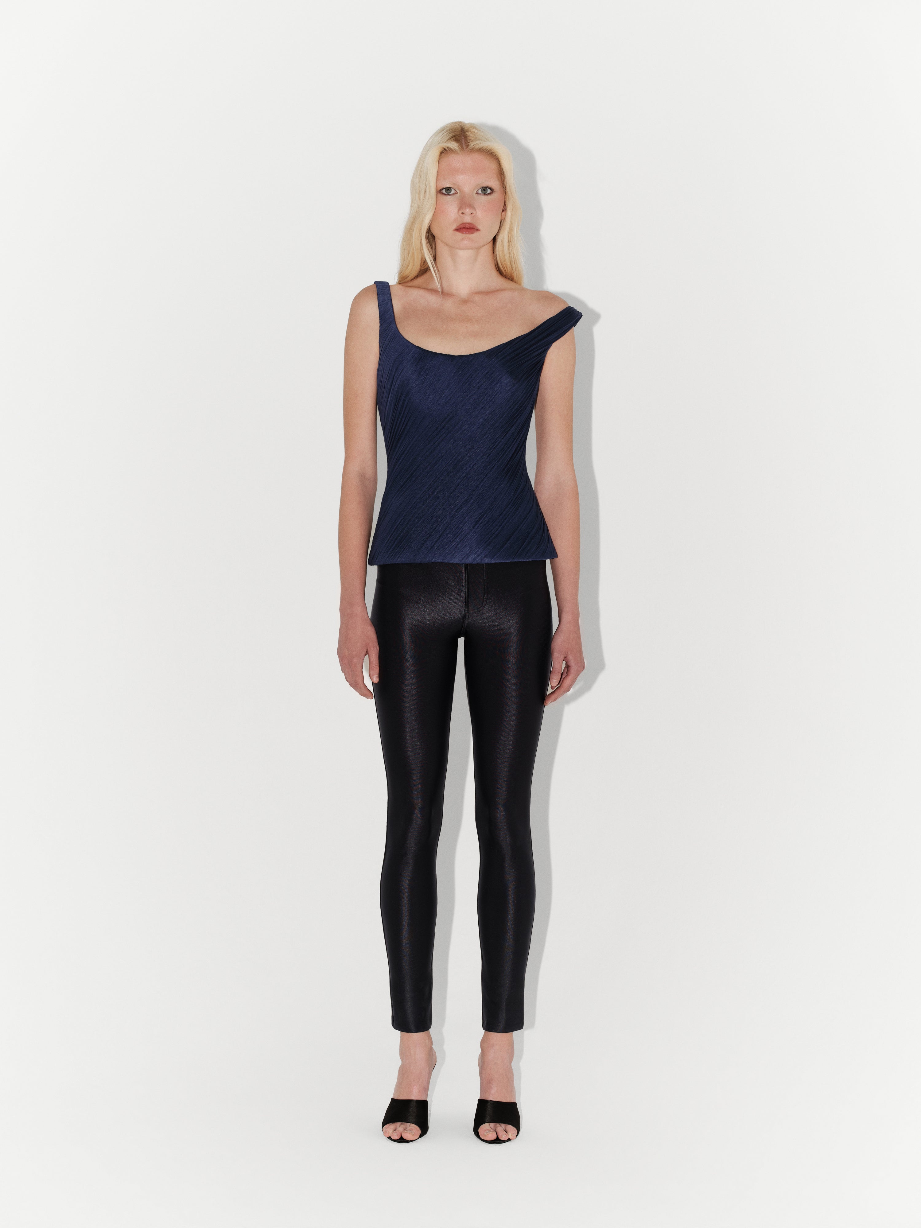 Silk Tulle Draped Sculptural Bustier in Navy Blue