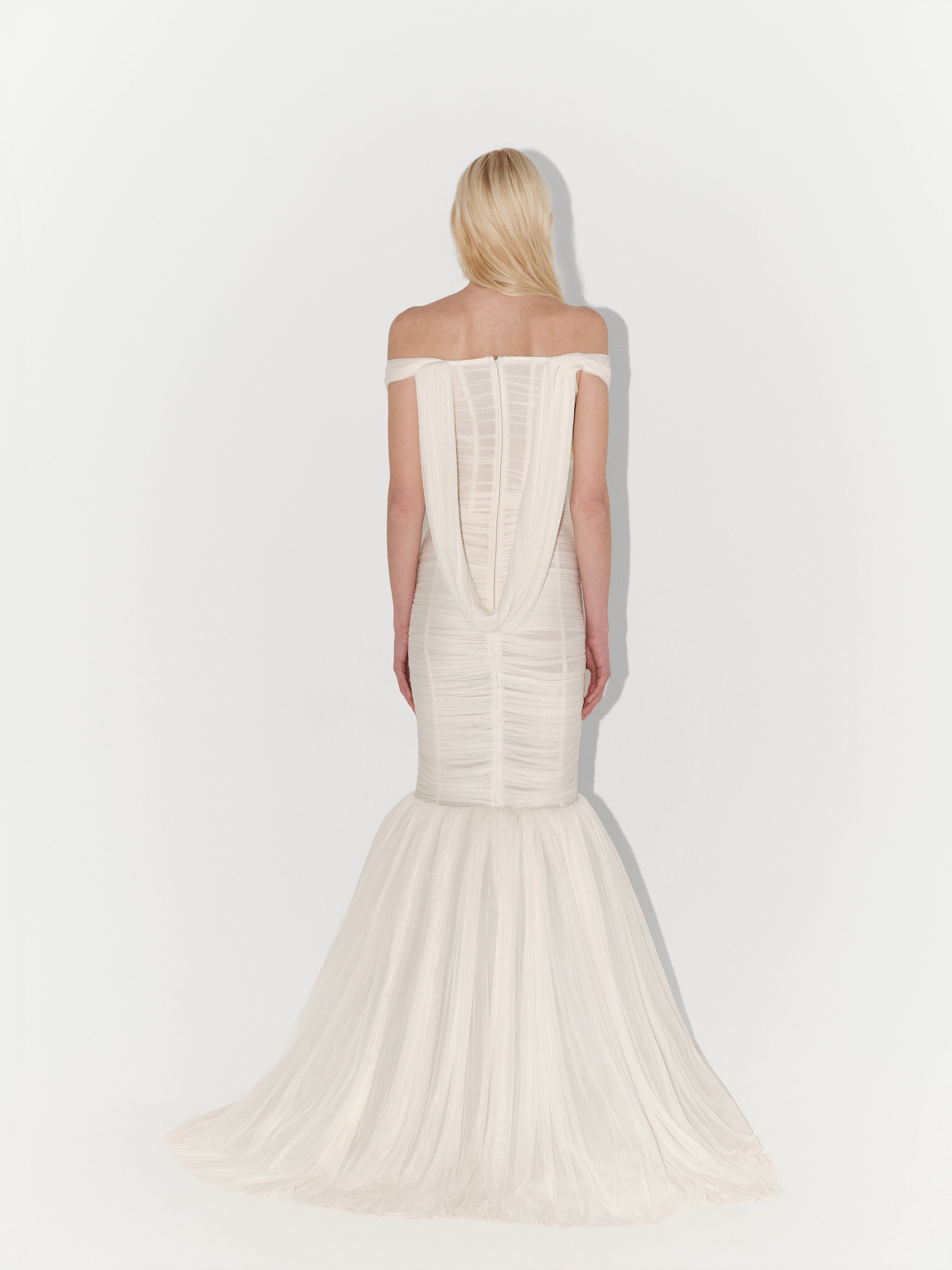 Off-Shoulder Draped Silk Tulle Mermaid Gown in White