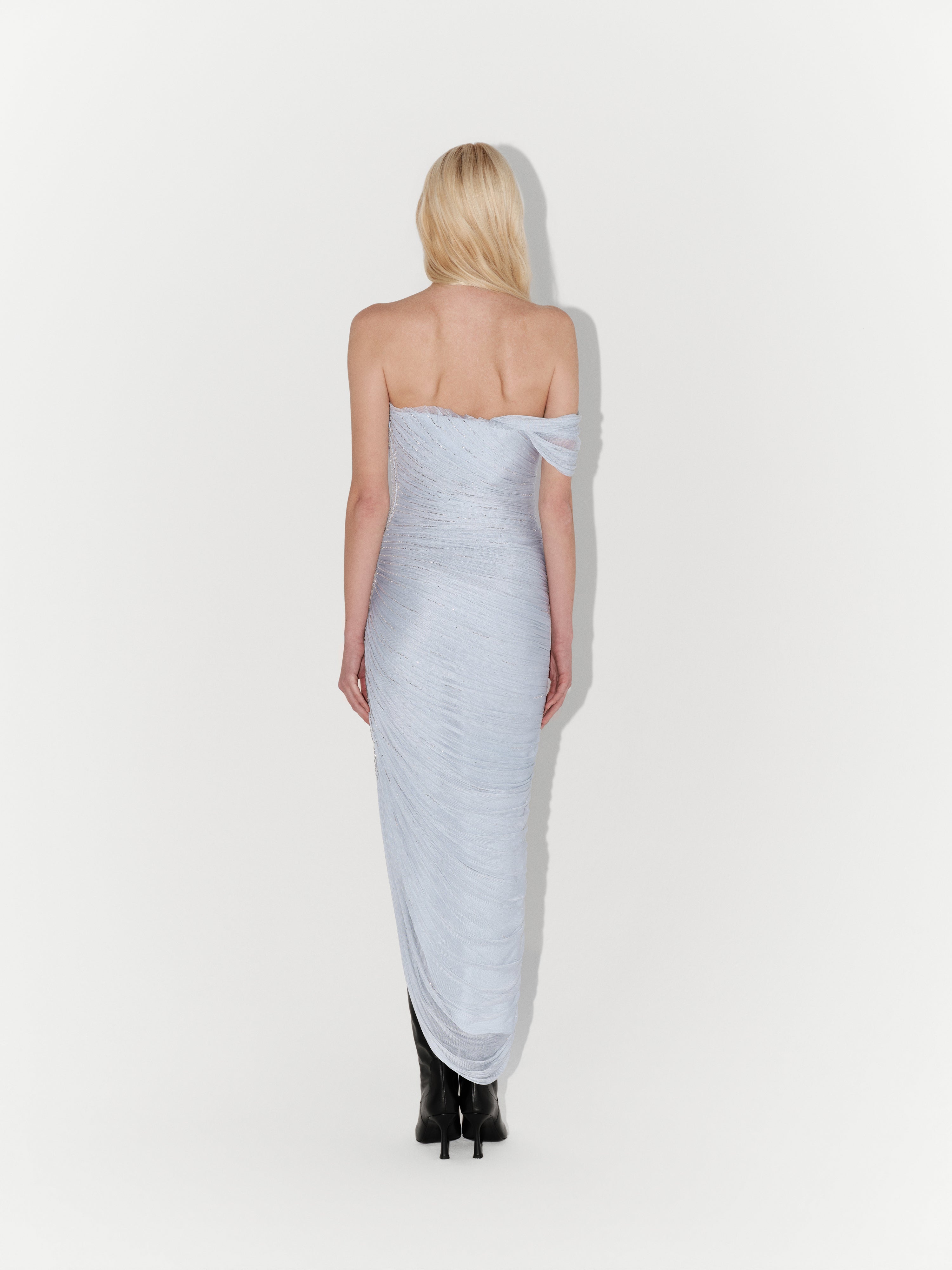 Hand-Embellished Silk Tulle Midi Dress in Light Blue
