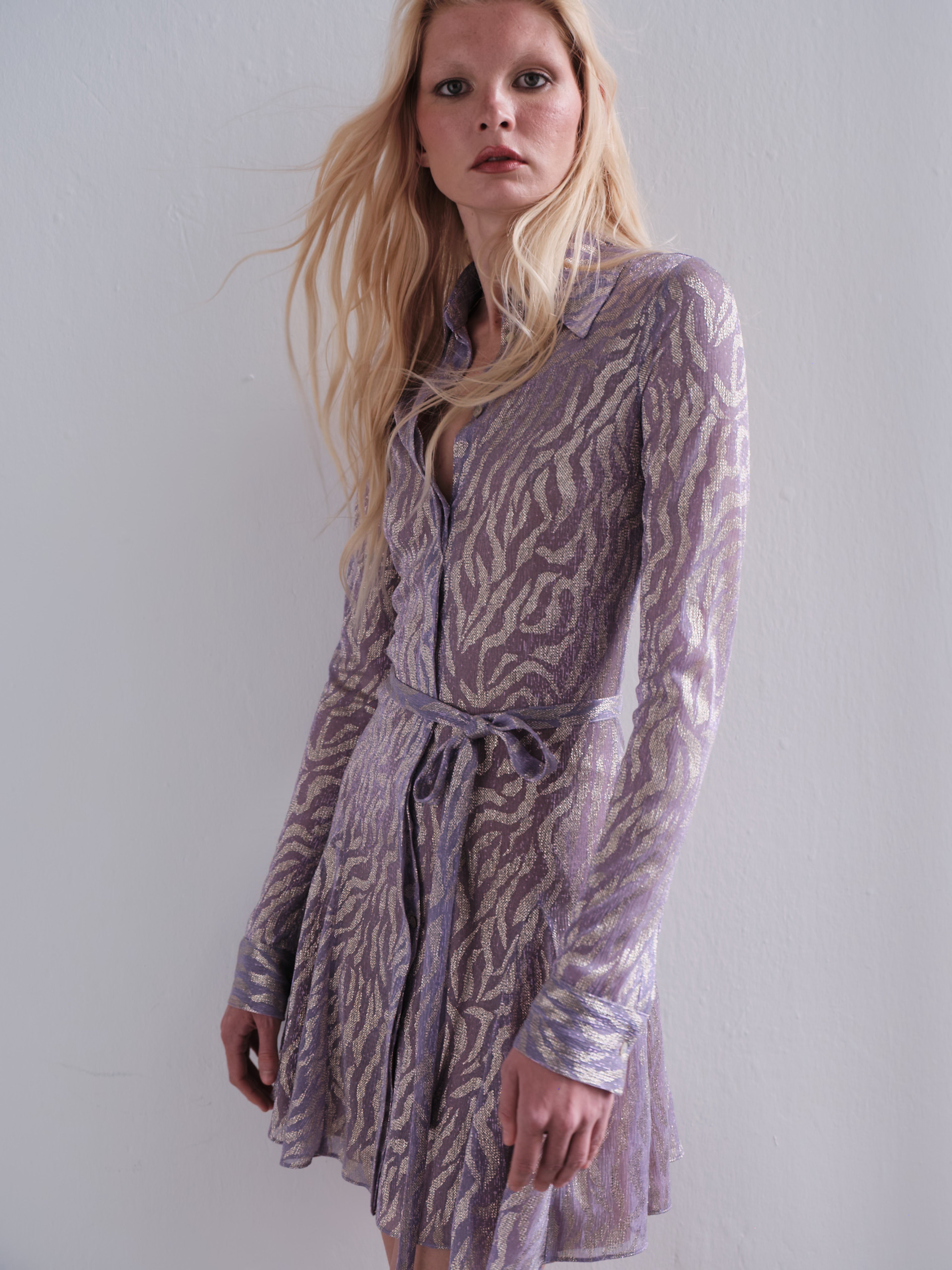 Shimmer Textured Mini Shirt Dress in Lilac