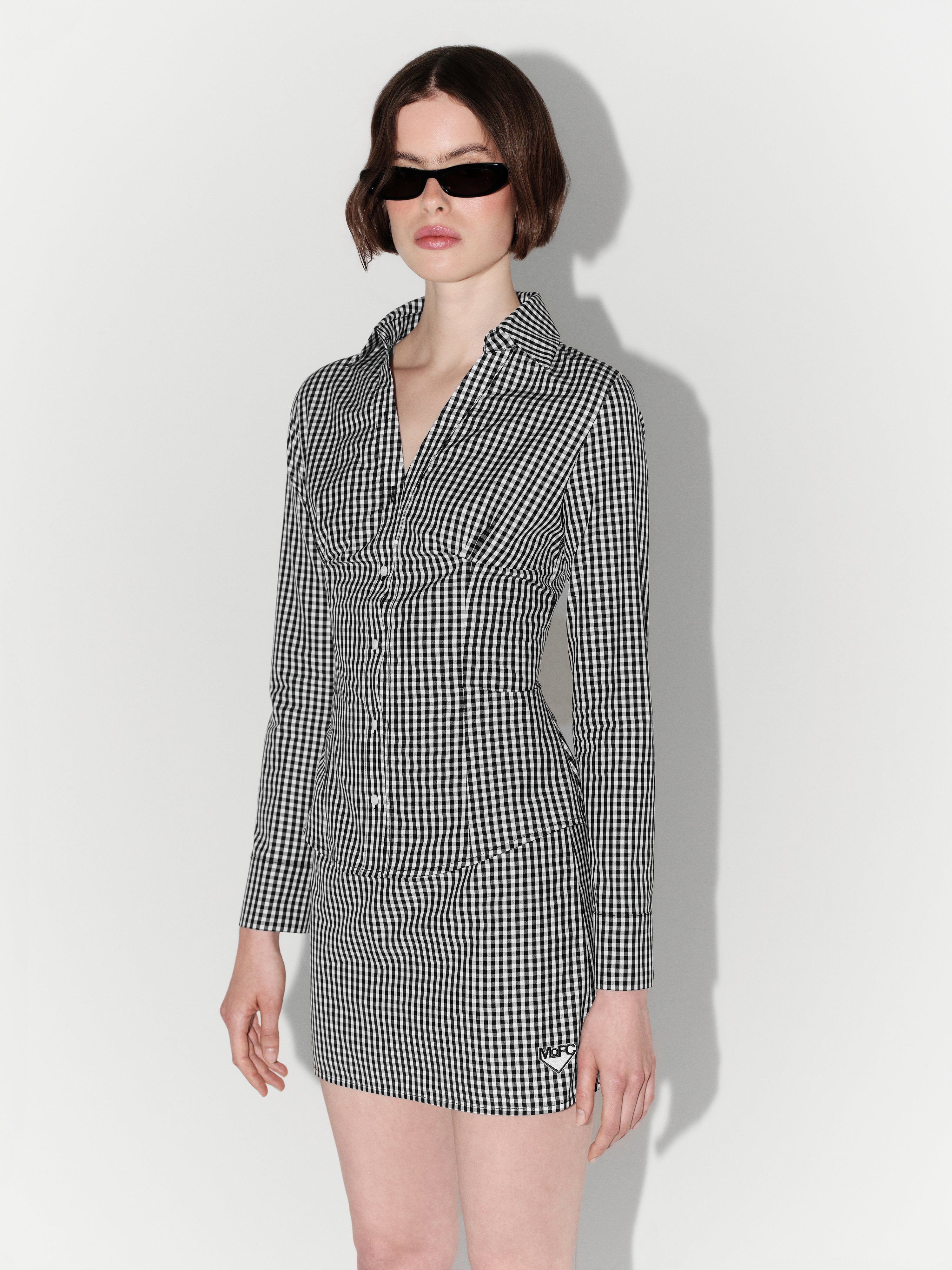 Black and White Gingham Shirt and Skirt Set